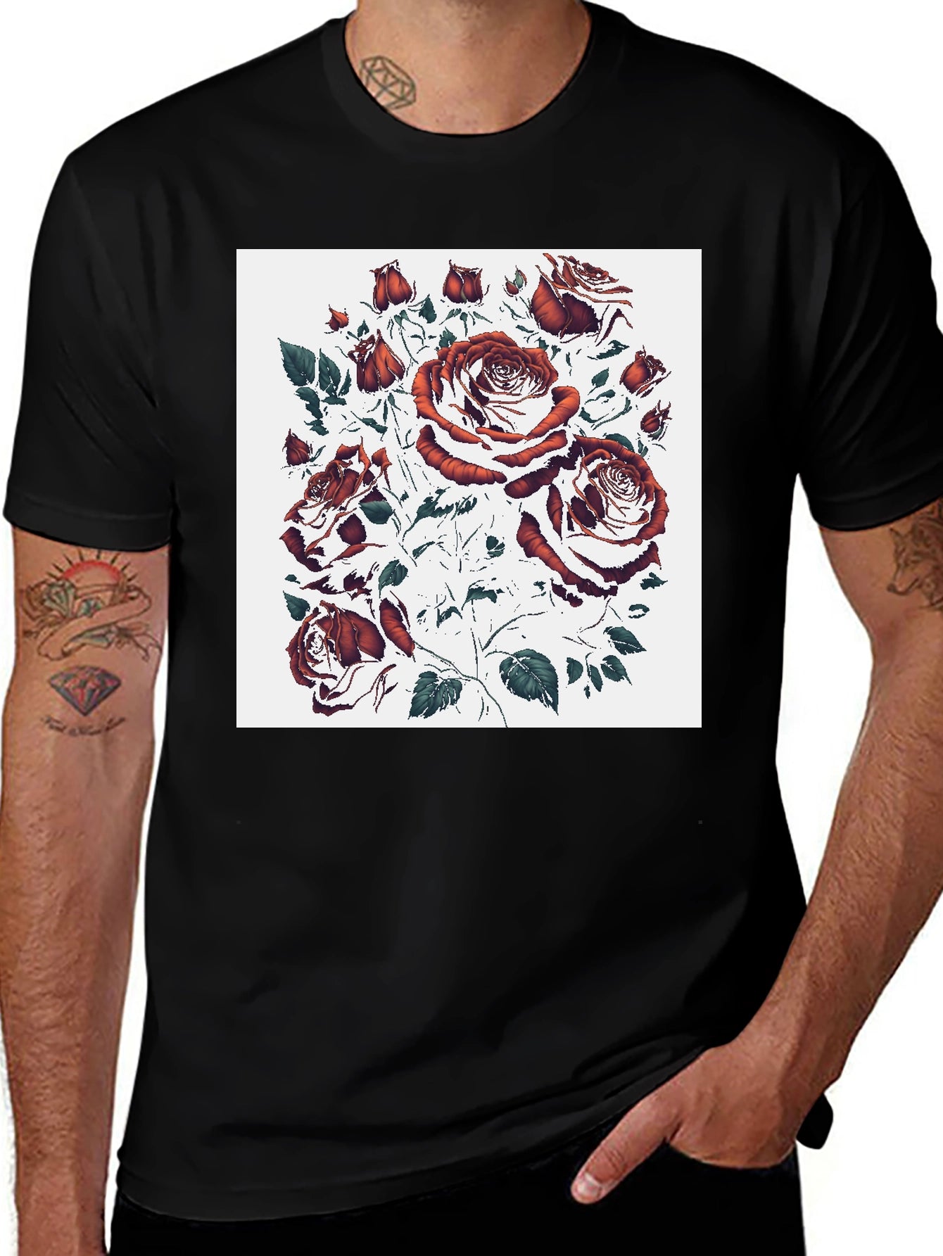 Rose Print Black T-Shirt - Unique Floral Design