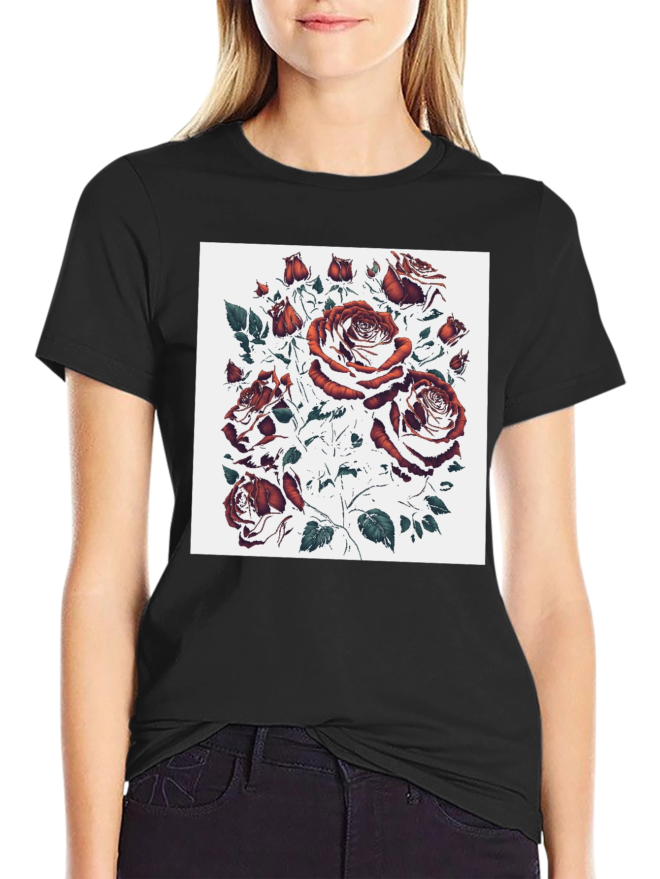Rose Print Black T-Shirt - Unique Floral Design
