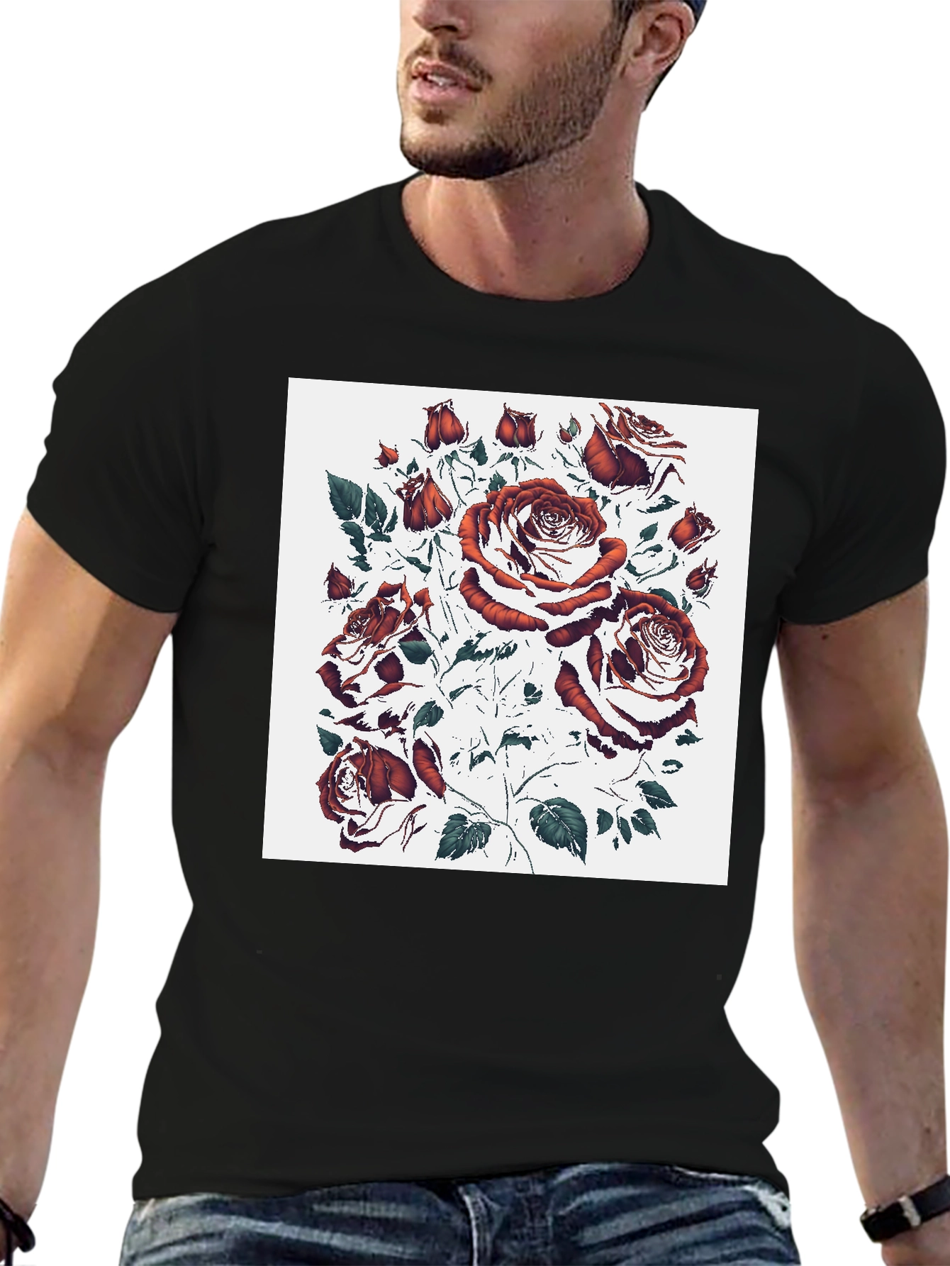 Rose Print Black T-Shirt - Unique Floral Design