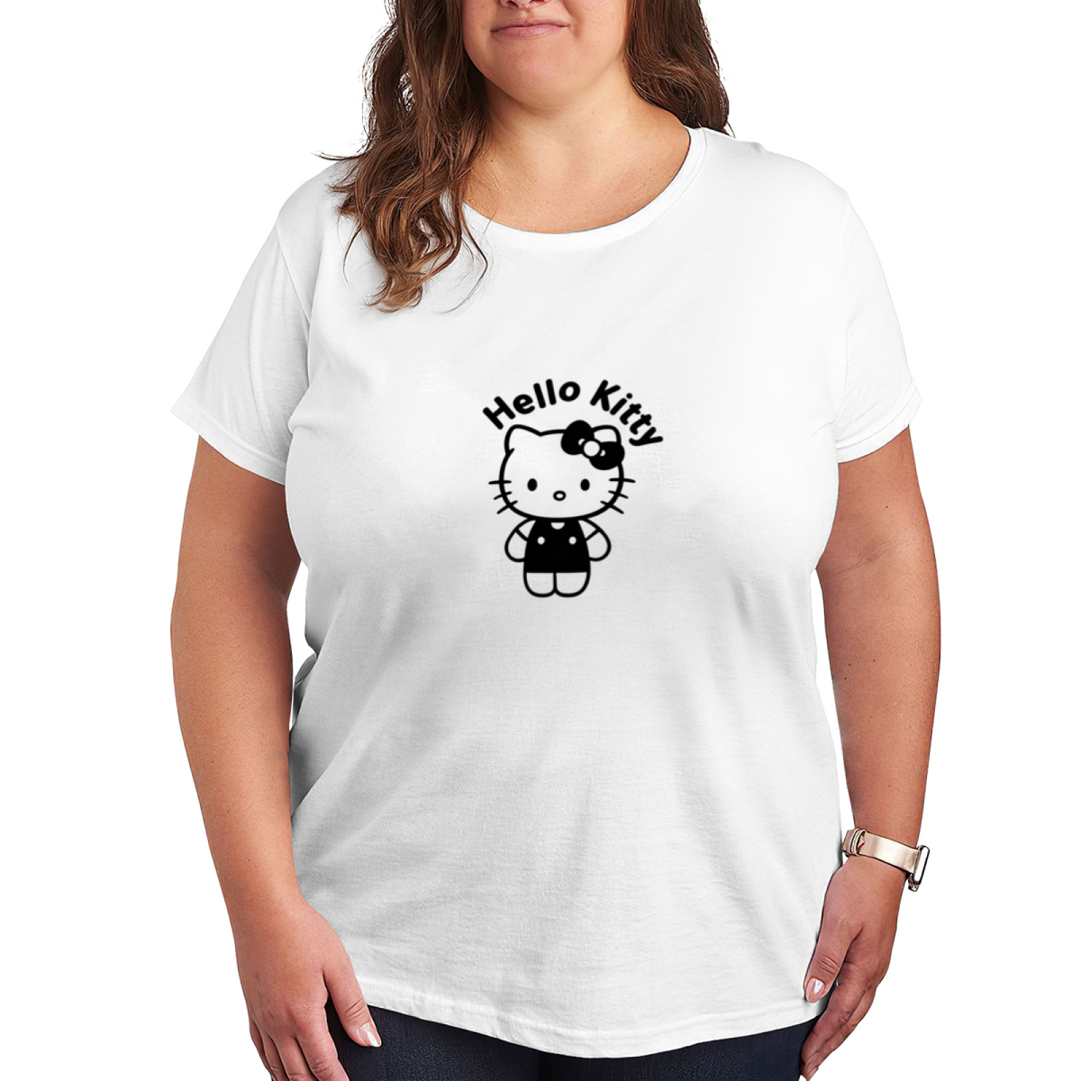 Minimal Black?Outline Hello Kitty Logo Plus Size Women White Short Sleeve Tee