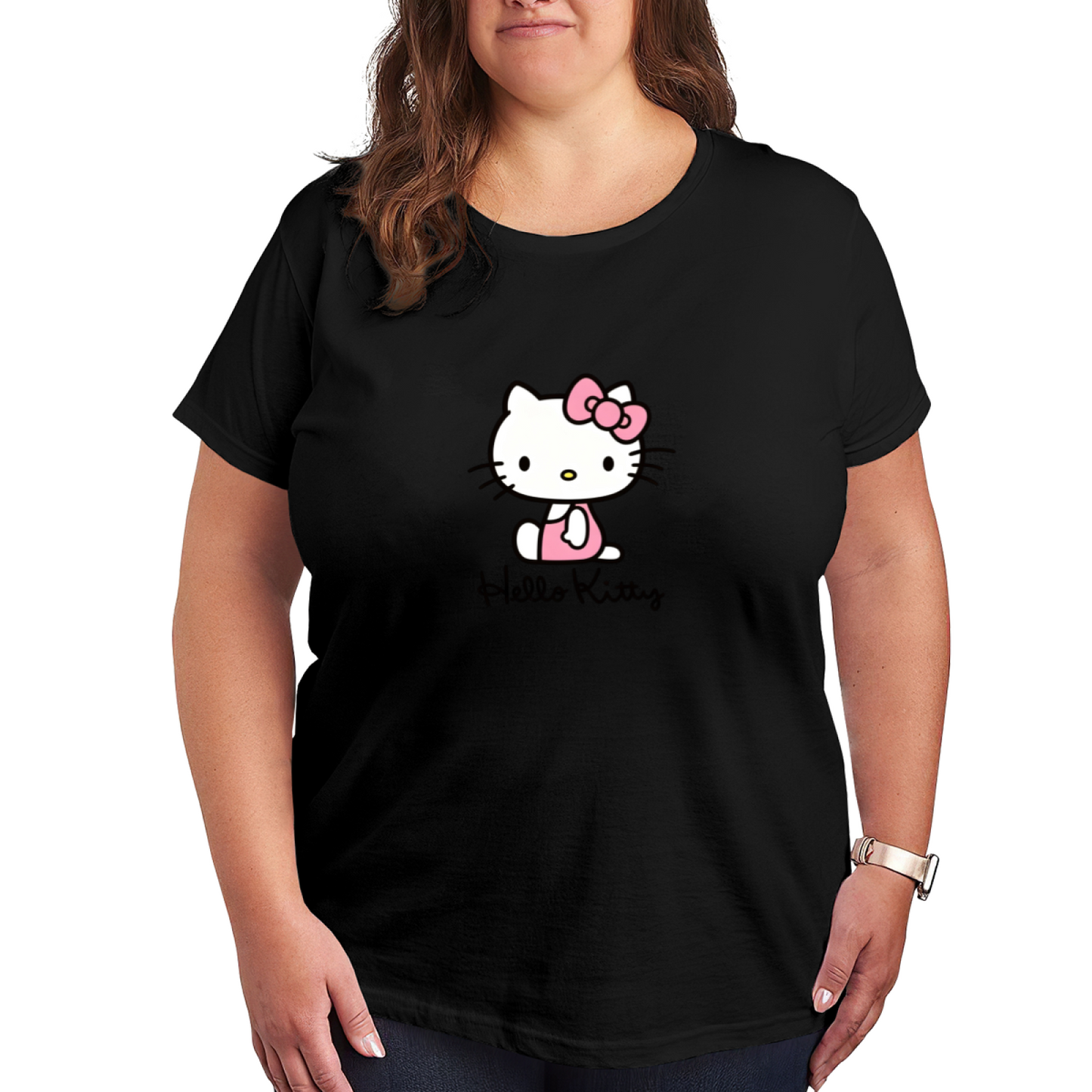 Minimal Sitting Hello Kitty Logo Plus?Size Women White Short Sleeve Tee