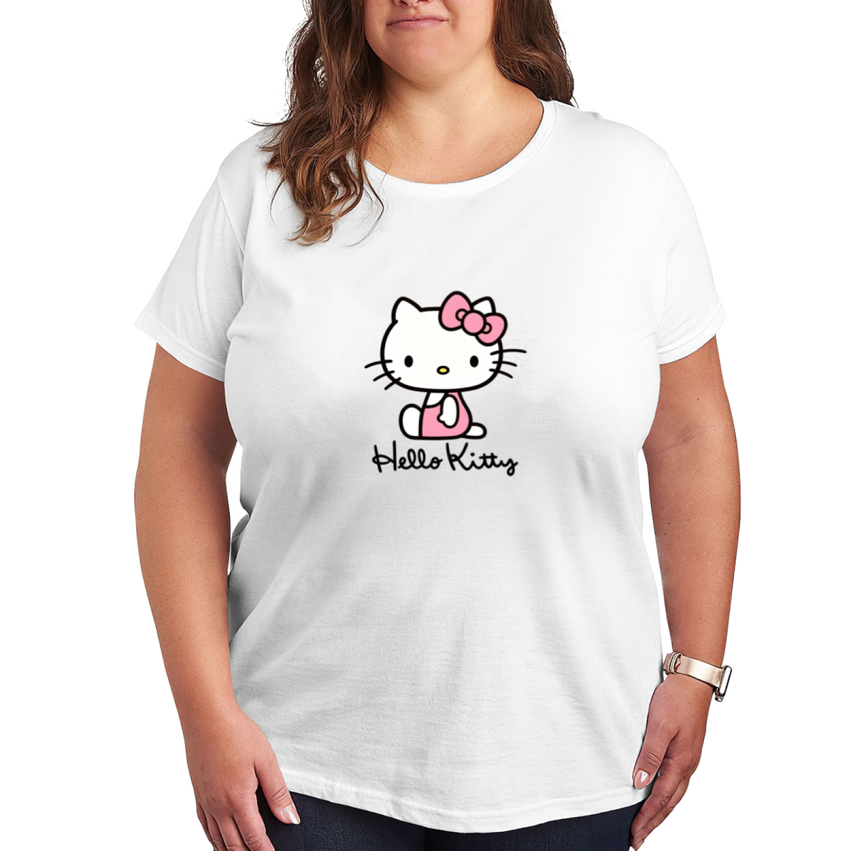 Minimal Sitting Hello Kitty Logo Plus?Size Women White Short Sleeve Tee