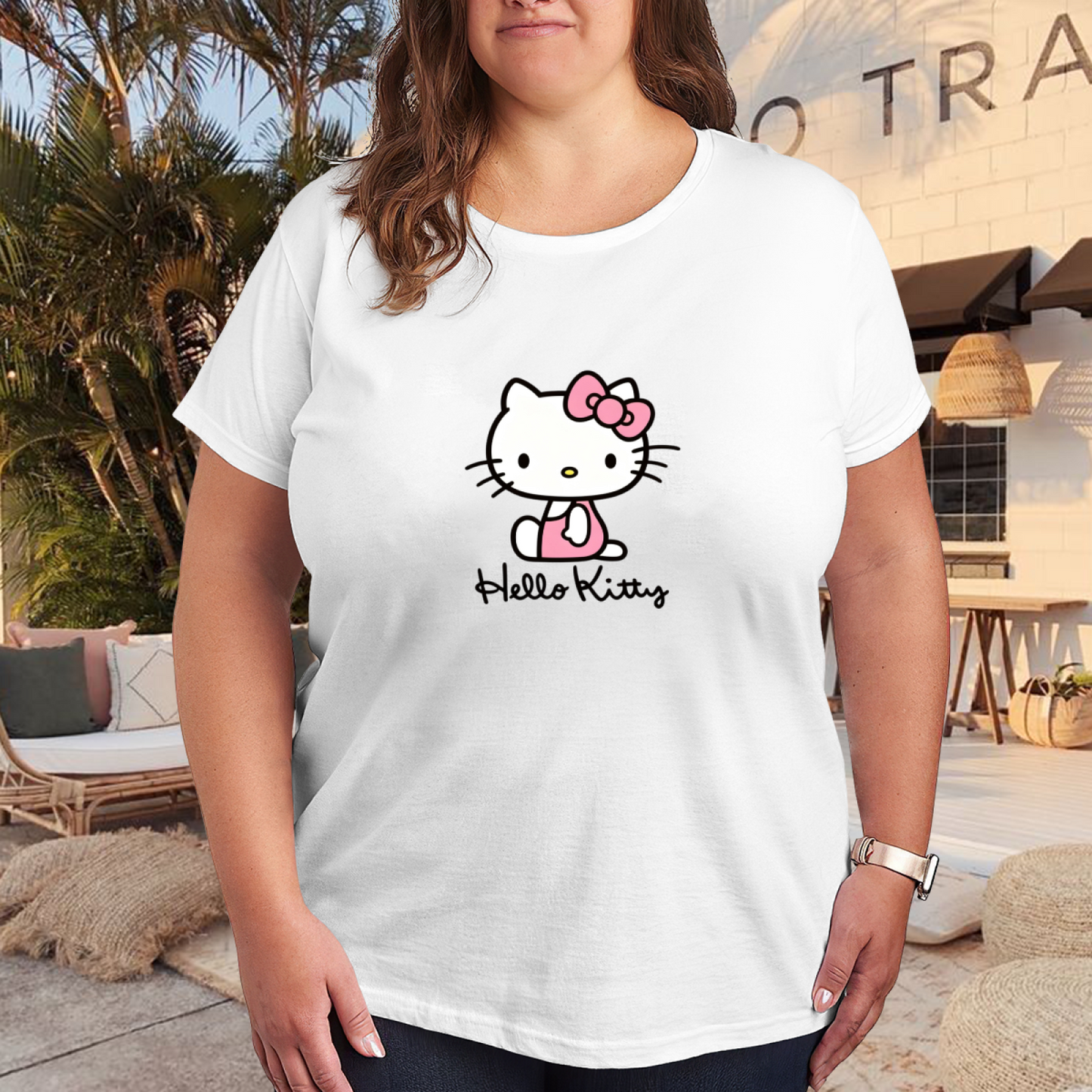 Minimal Sitting Hello Kitty Logo Plus?Size Women White Short Sleeve Tee
