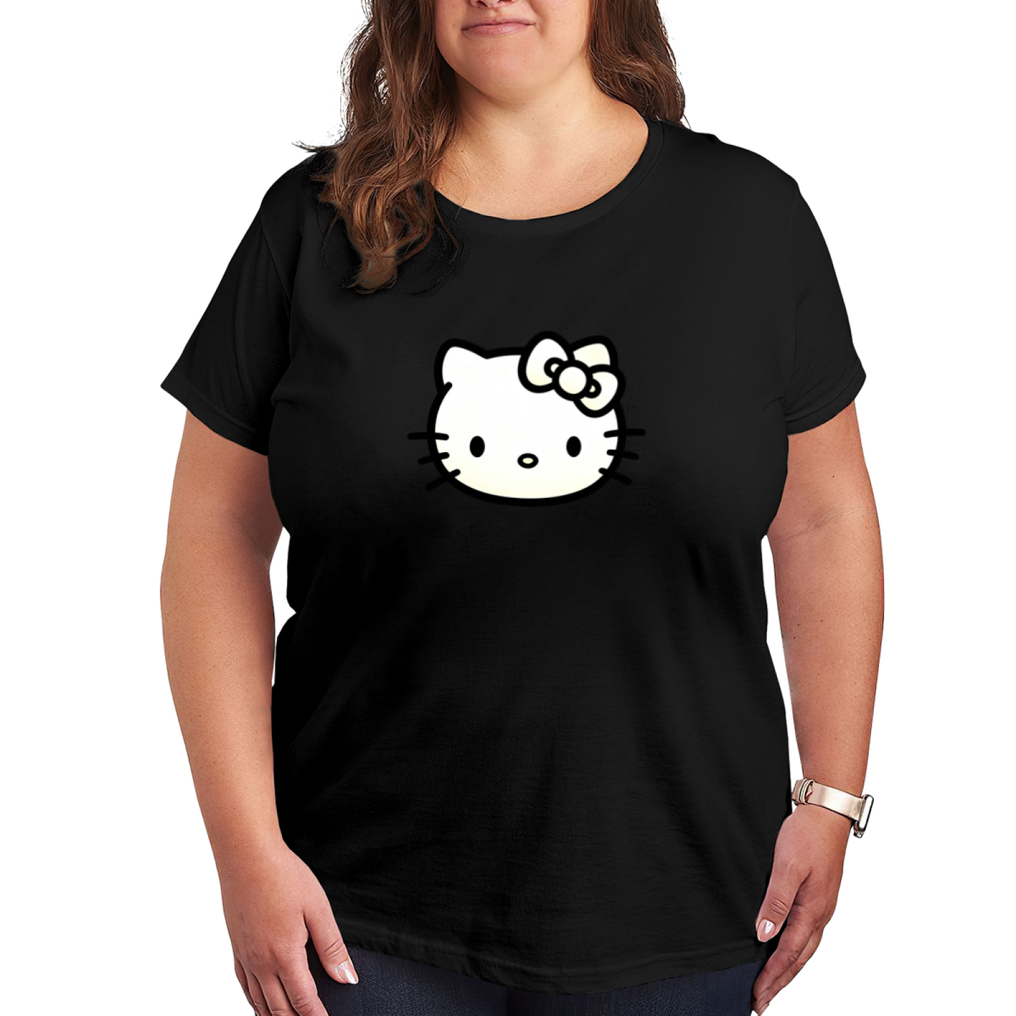 Minimal Outline Hello Kitty Face Plus?Size White T?Shirt