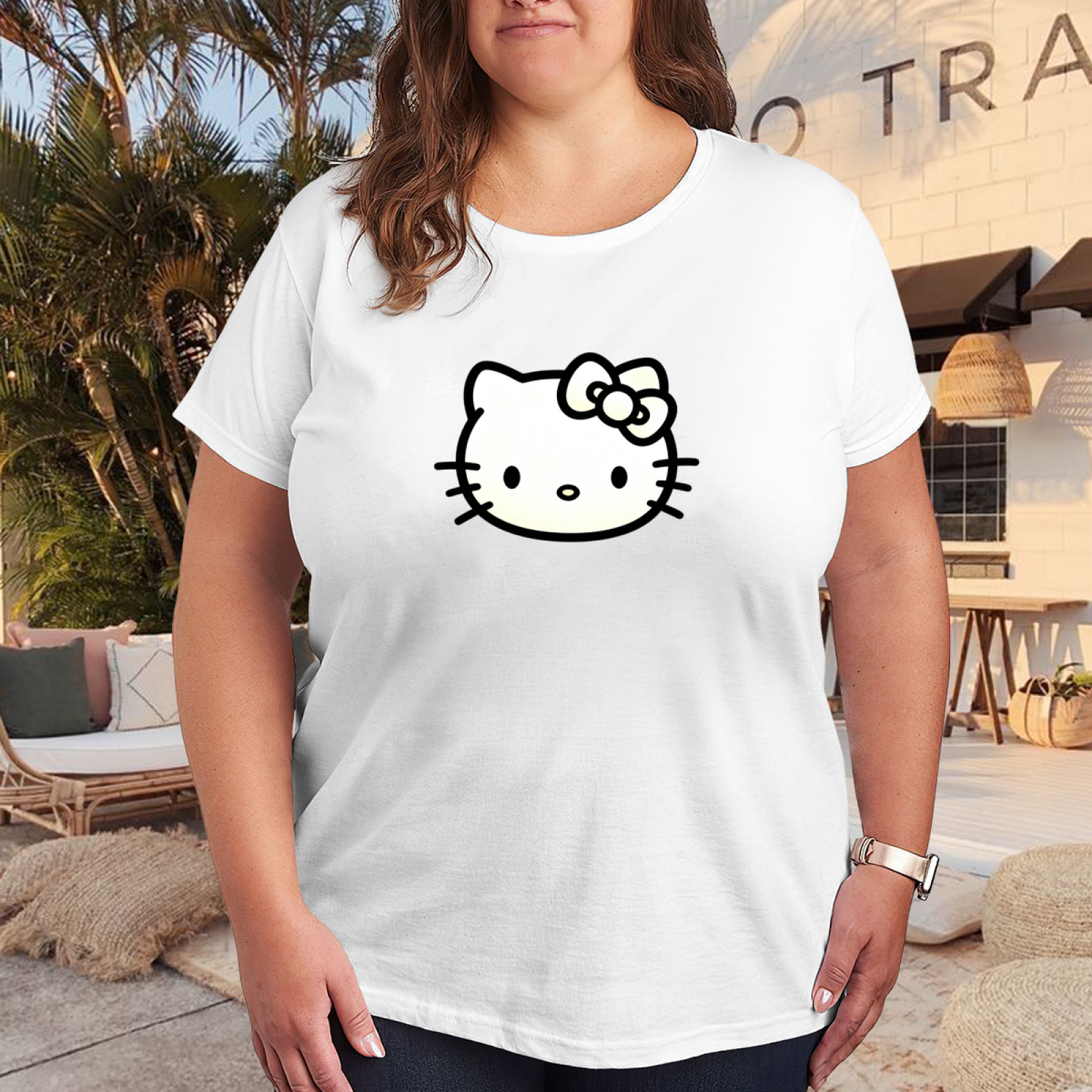 Minimal Outline Hello Kitty Face Plus?Size White T?Shirt
