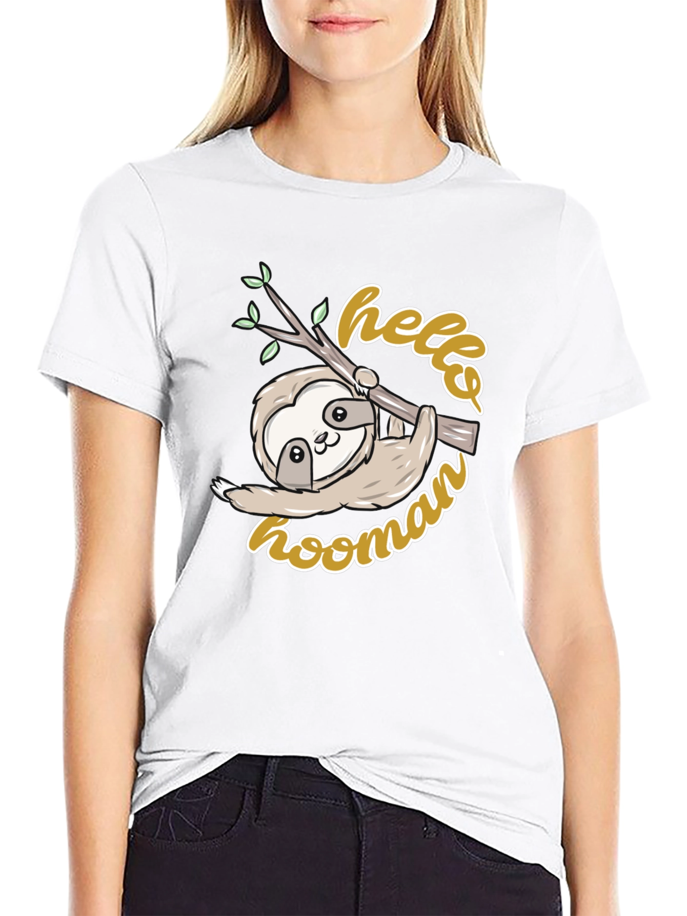 Cute Sloth Hello Hoomans Black Graphic T-Shirt