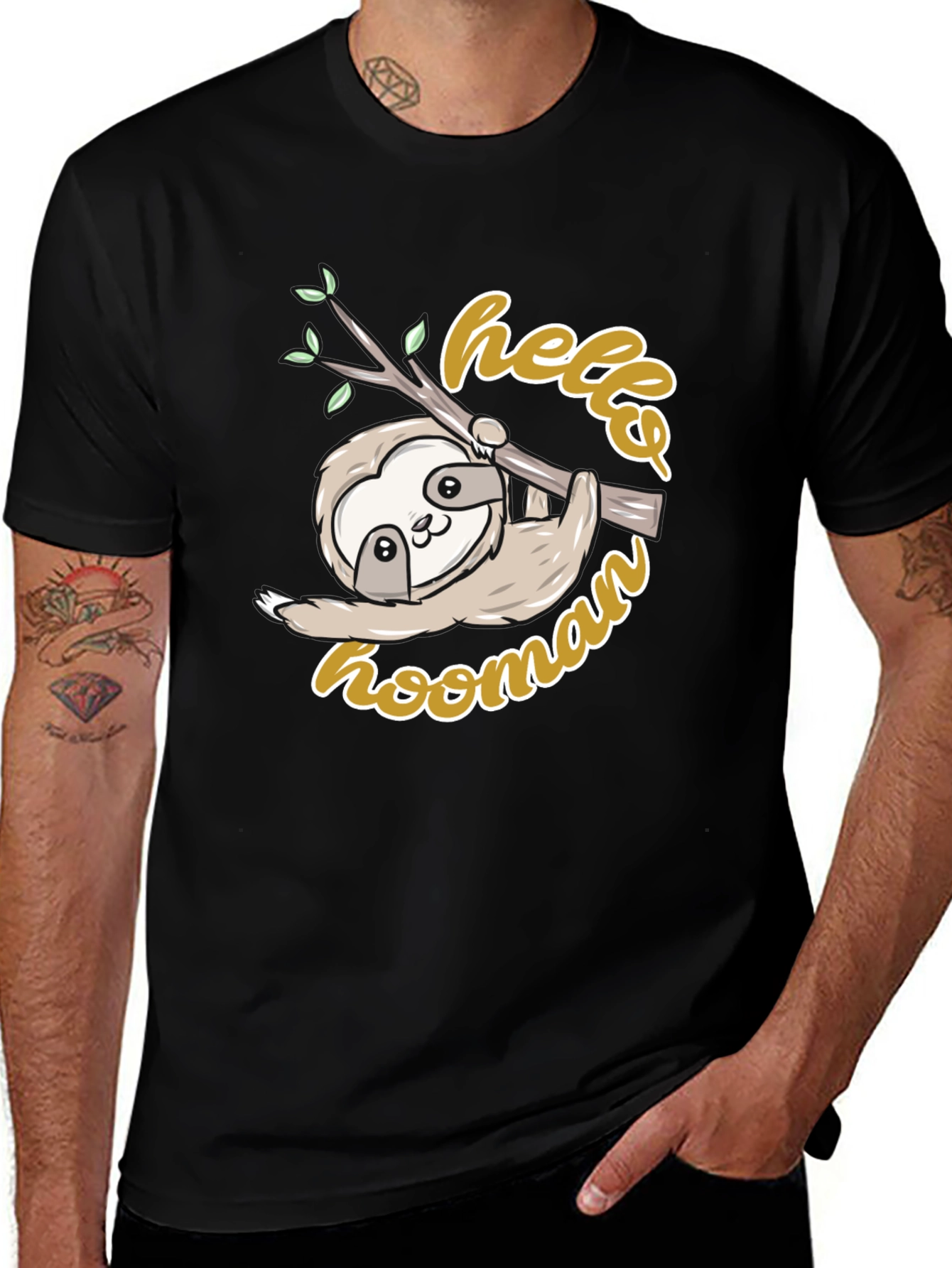 Cute Sloth Hello Hoomans Black Graphic T-Shirt
