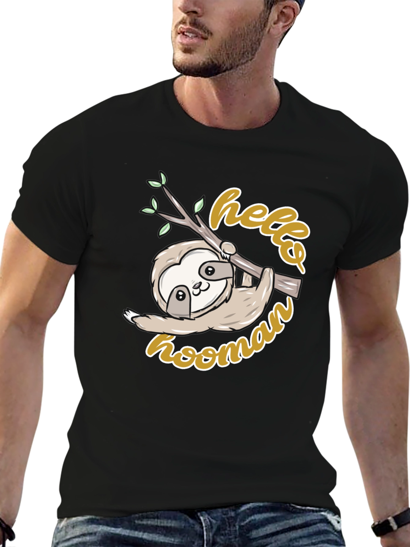 Cute Sloth Hello Hoomans Black Graphic T-Shirt