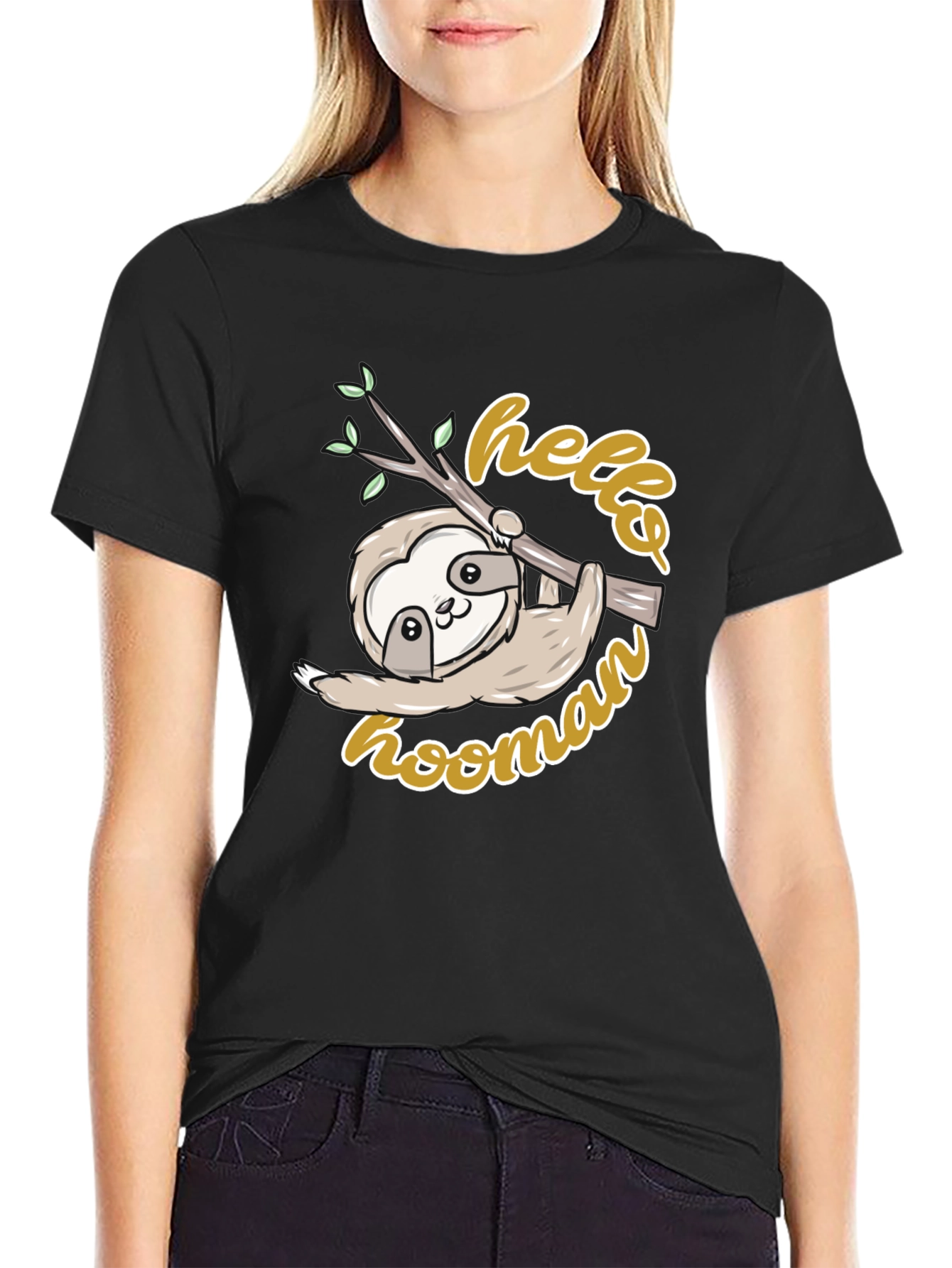 Cute Sloth Hello Hoomans Black Graphic T-Shirt