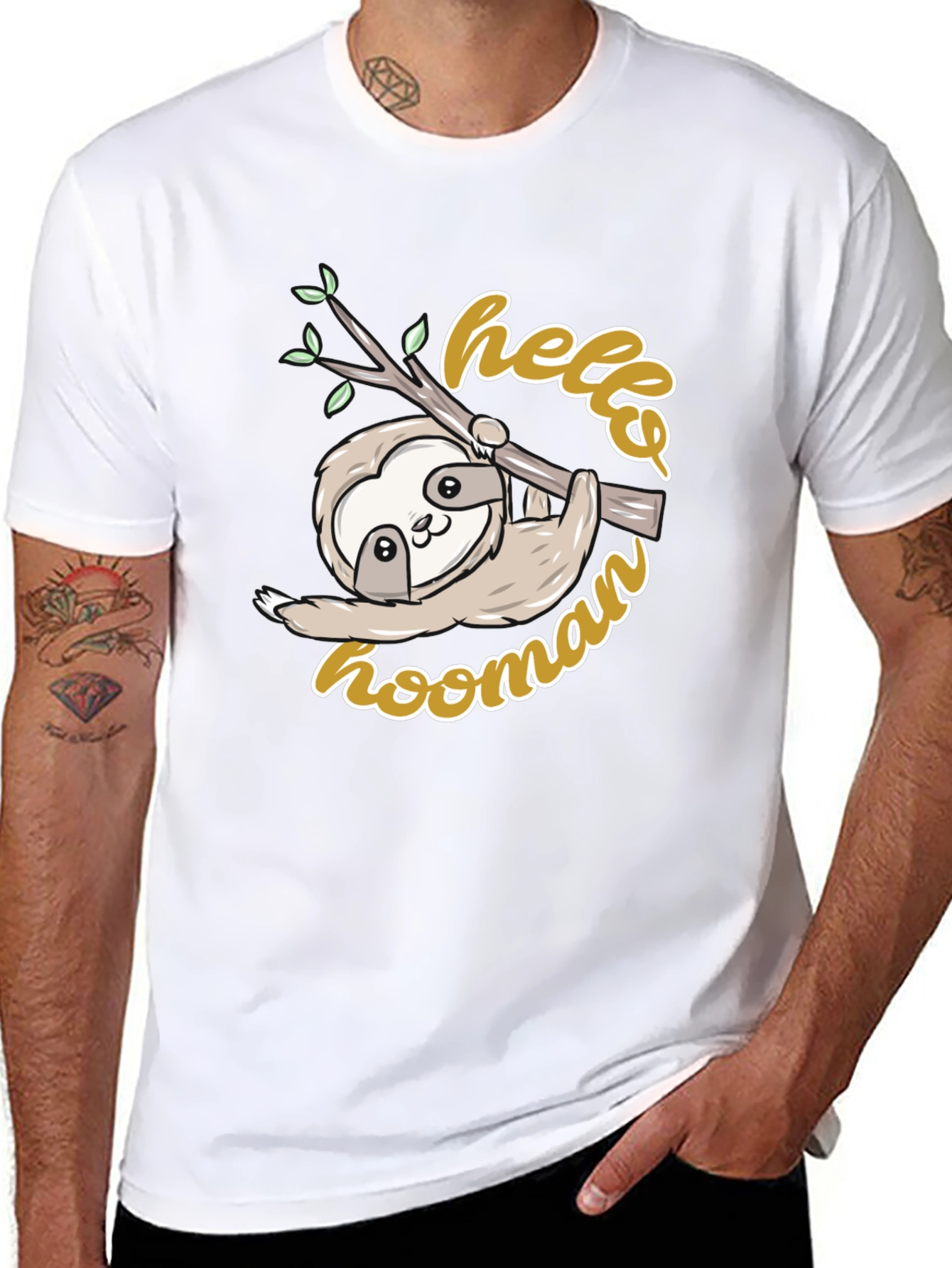 Cute Sloth Hello Hoomans Black Graphic T-Shirt
