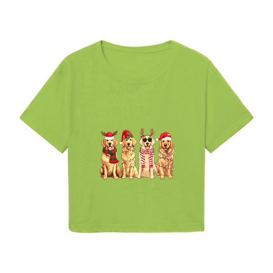 Cute Golden Retriever Dogs Xmas Antlers & Scarves Christmas Crop Top