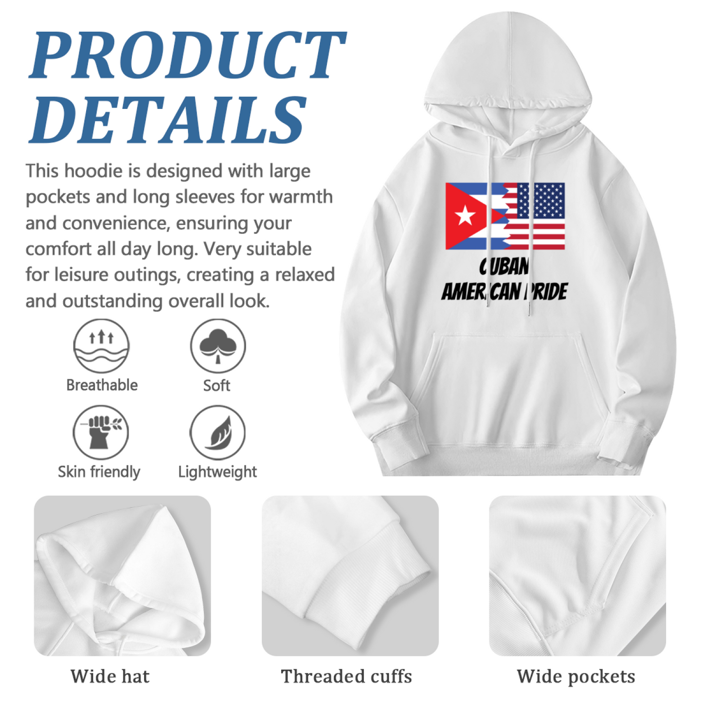 Cuban American Pride Dual Flag White Hoodie, Cultural Soft Comfort Unisex Top