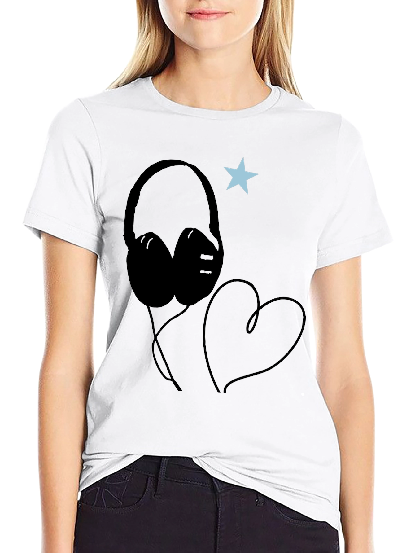 Headphones Heart Star Graphic Tee - Cool Black T-Shirt