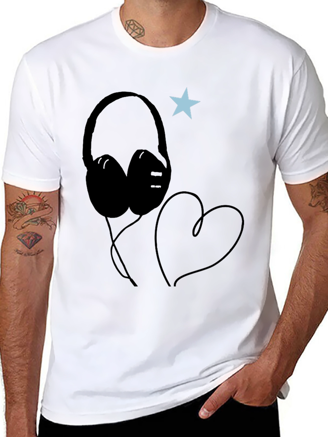 Headphones Heart Star Graphic Tee - Cool Black T-Shirt