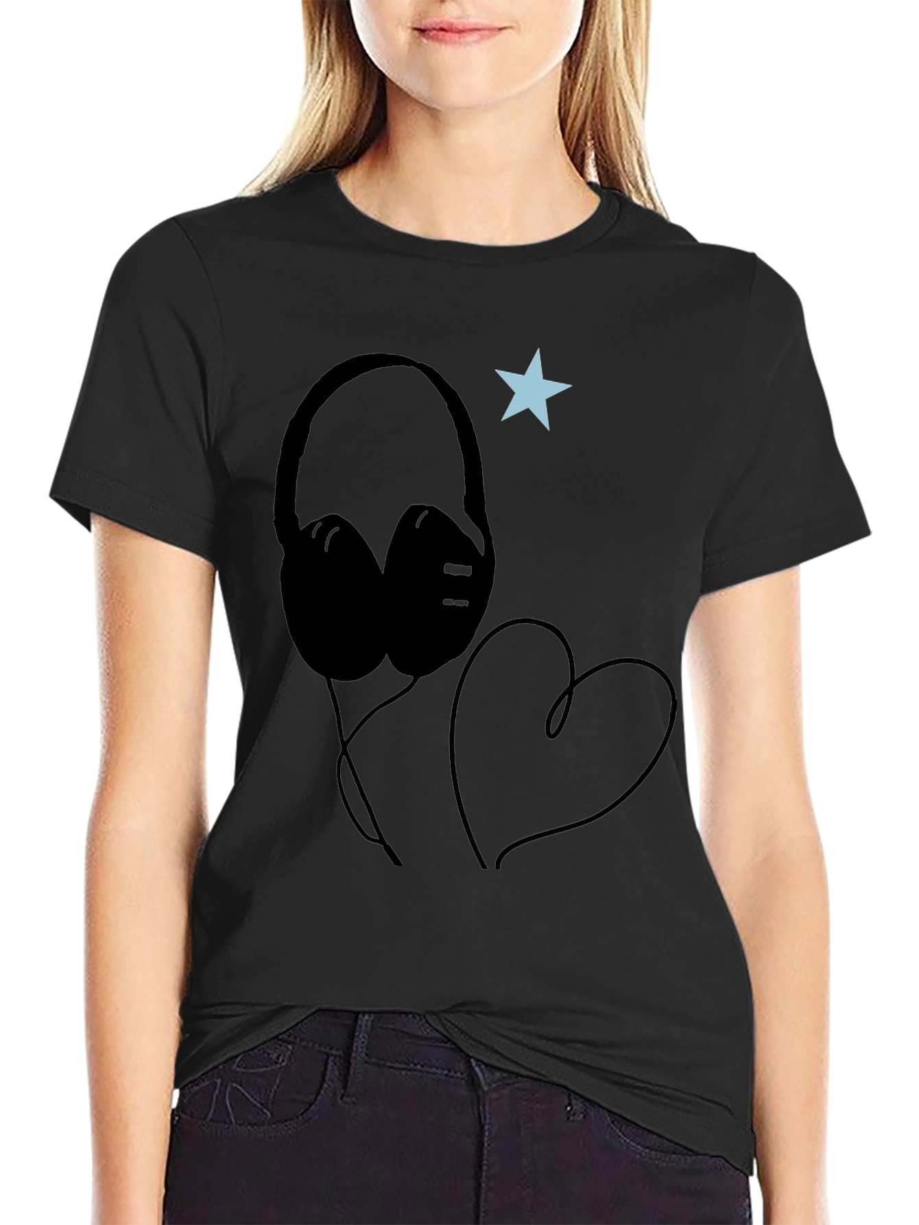 Headphones Heart Star Graphic Tee - Cool Black T-Shirt