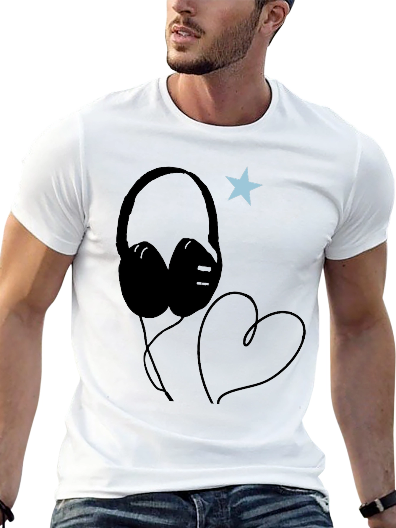 Headphones Heart Star Graphic Tee - Cool Black T-Shirt