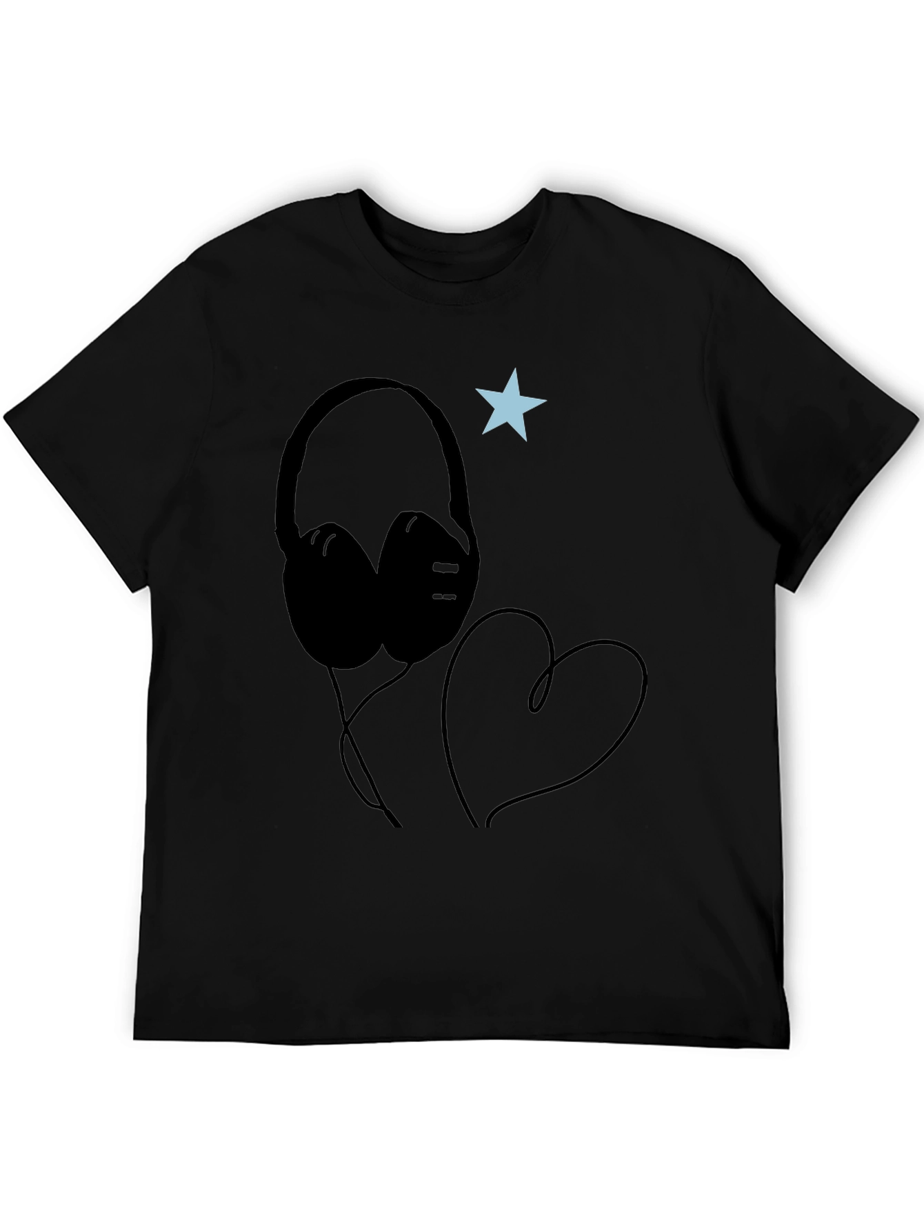 Headphones Heart Star Graphic Tee - Cool Black T-Shirt