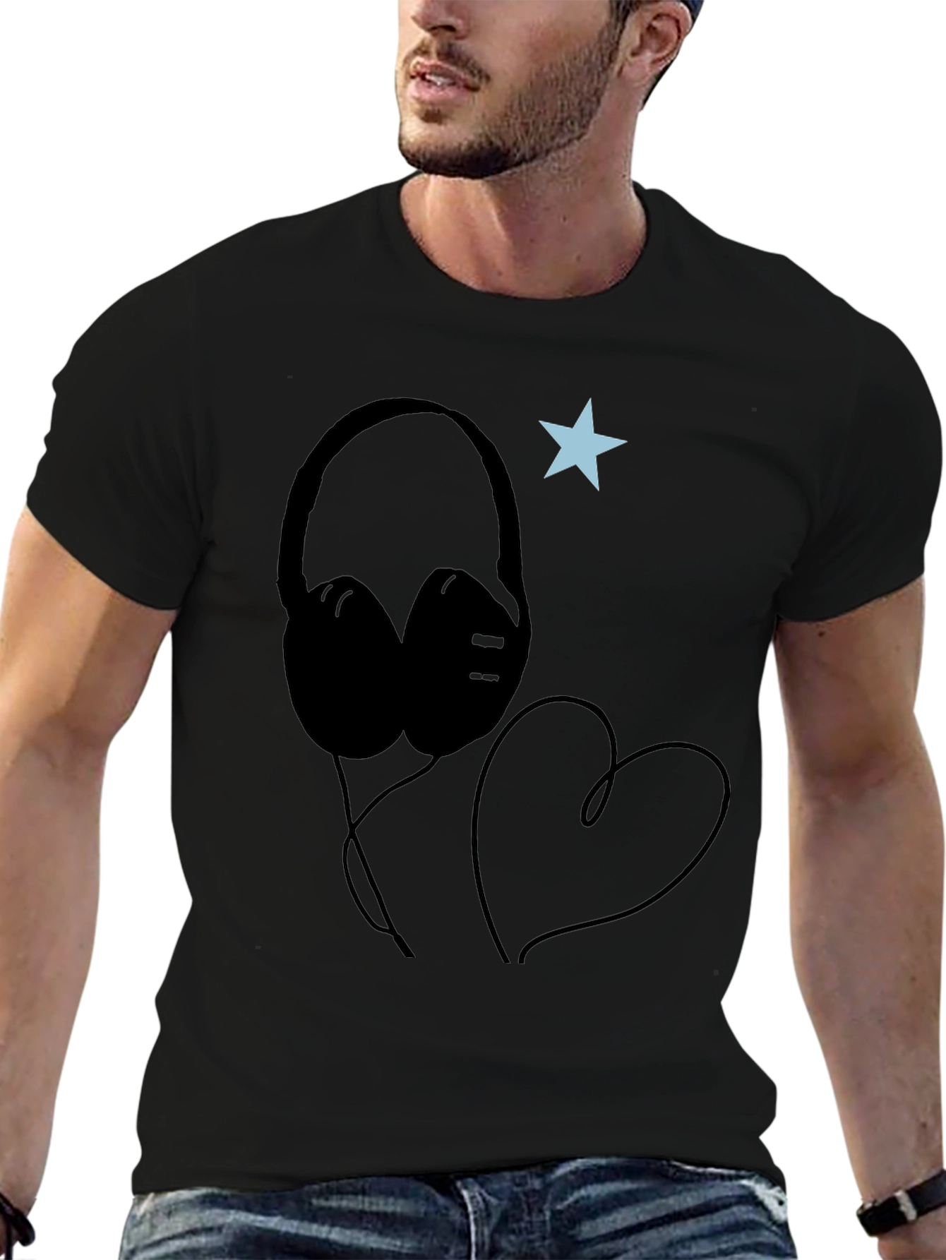 Headphones Heart Star Graphic Tee - Cool Black T-Shirt