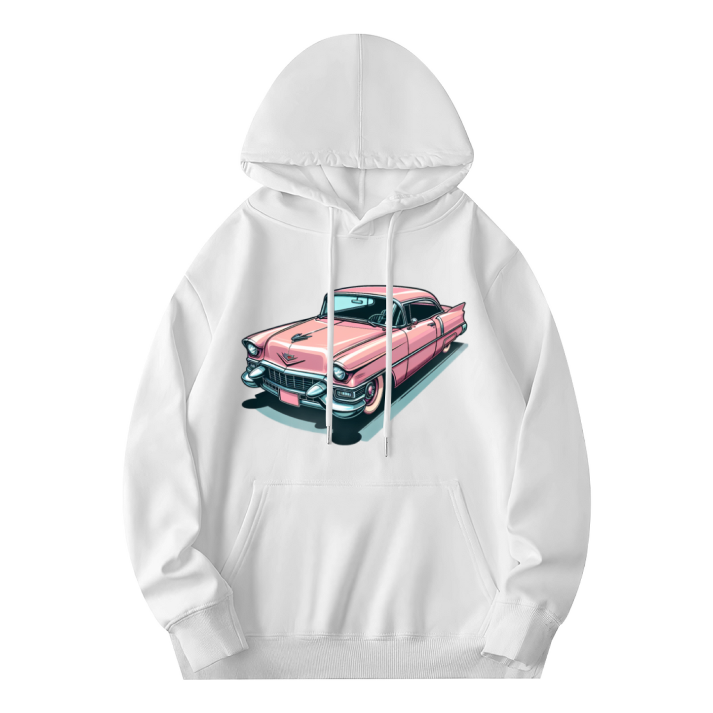 Retro Pink Classic Car Cartoon White Hoodie, Loose Comfort Vintage Pullover