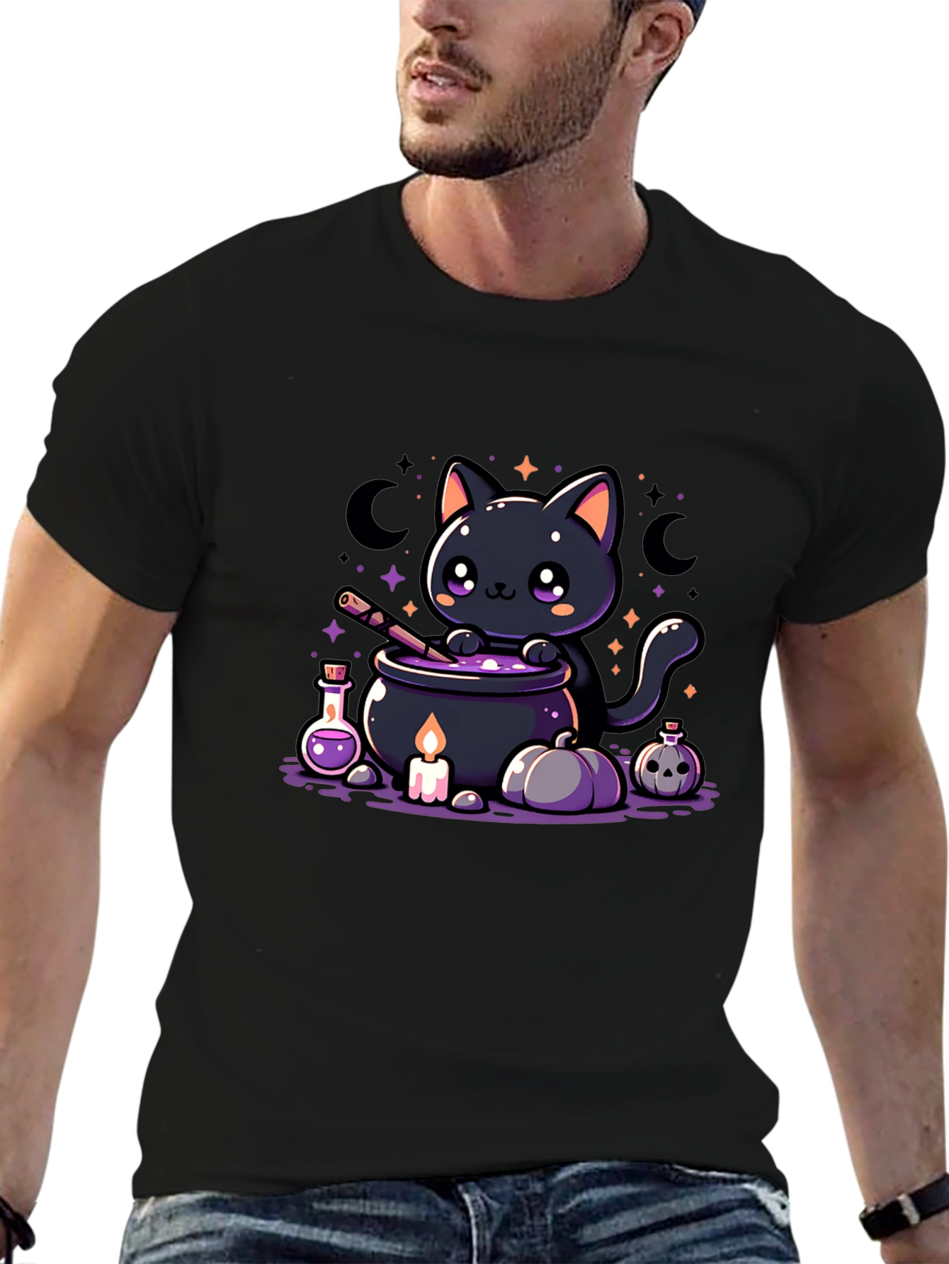 Kawaii Halloween Black Cat Potion Brewing T-Shirt