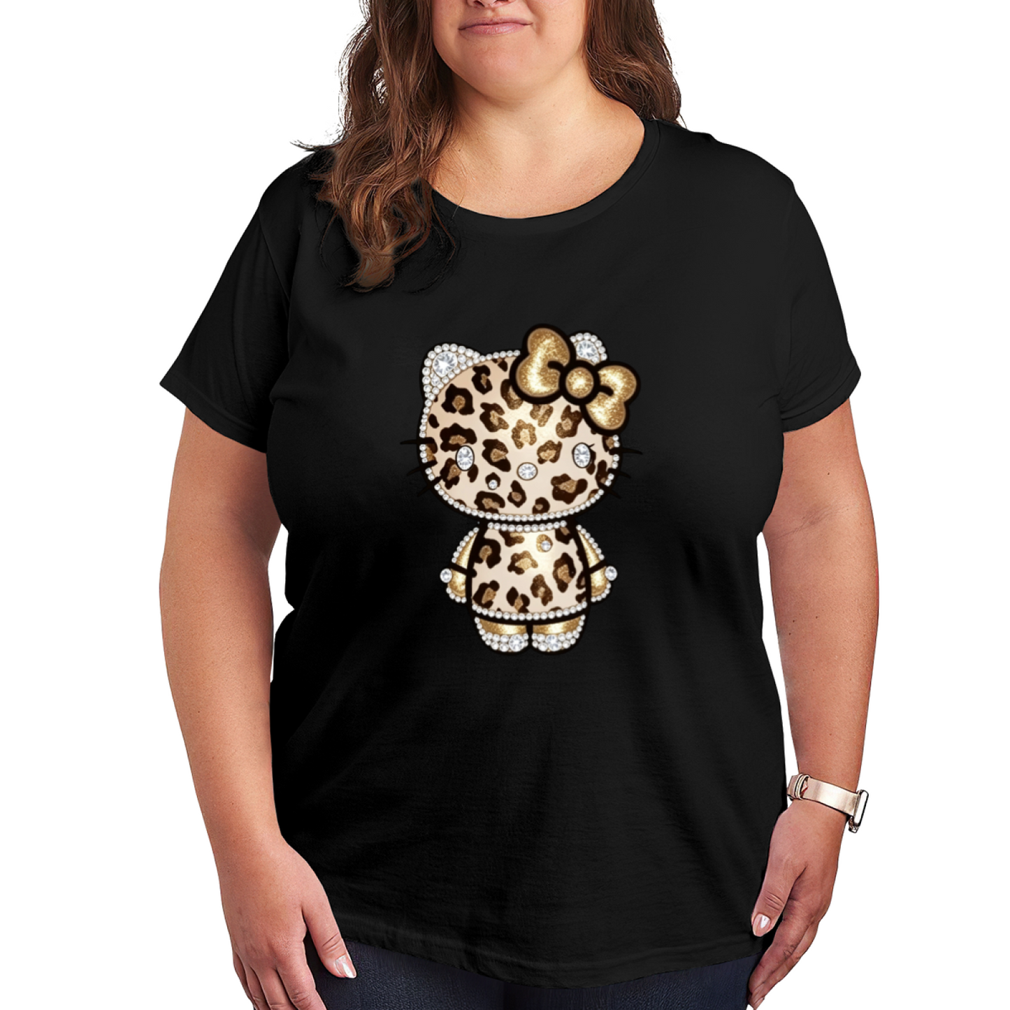Bling Rhinestone?Effect Leopard Hello Kitty Plus?Size Black Tee