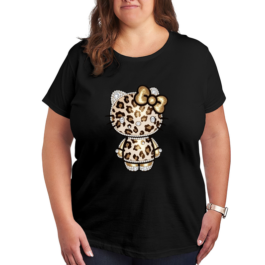 Bling Rhinestone?Effect Leopard Hello Kitty Plus?Size Black Tee
