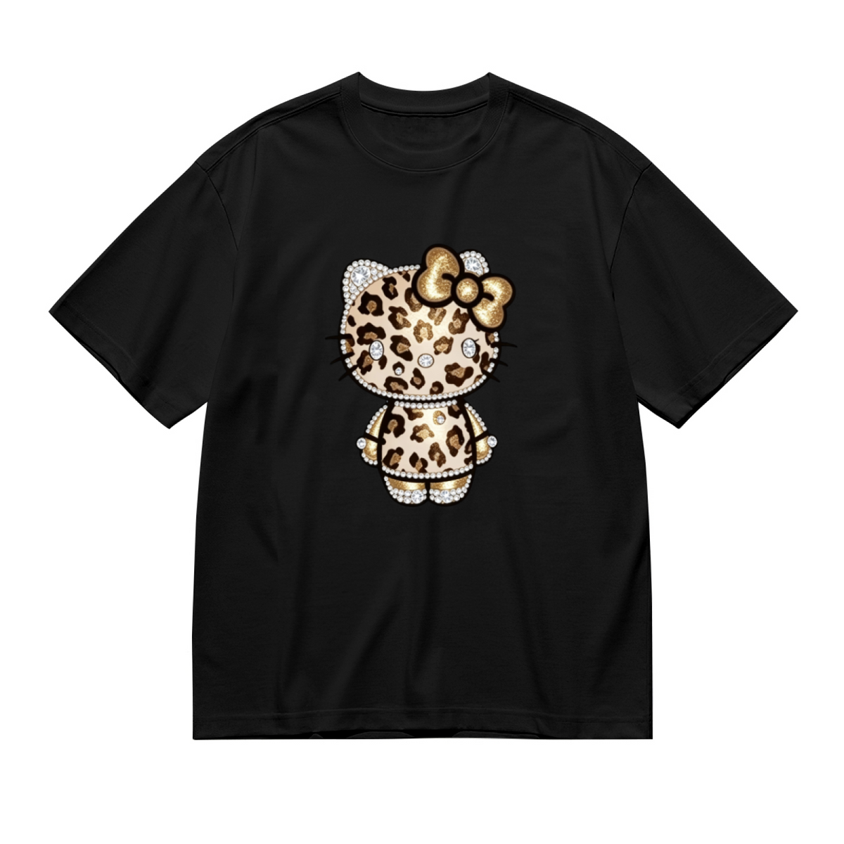 Bling Rhinestone?Effect Leopard Hello Kitty Plus?Size Black Tee