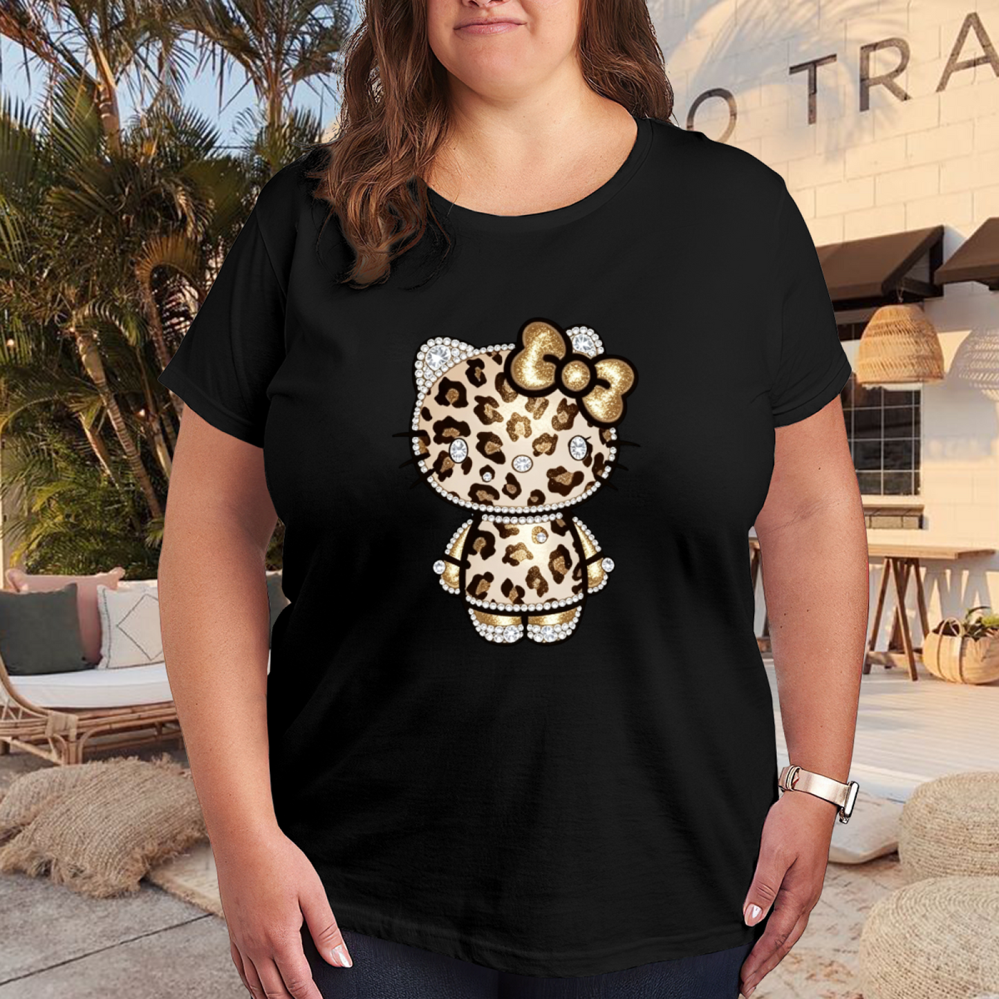 Bling Rhinestone?Effect Leopard Hello Kitty Plus?Size Black Tee
