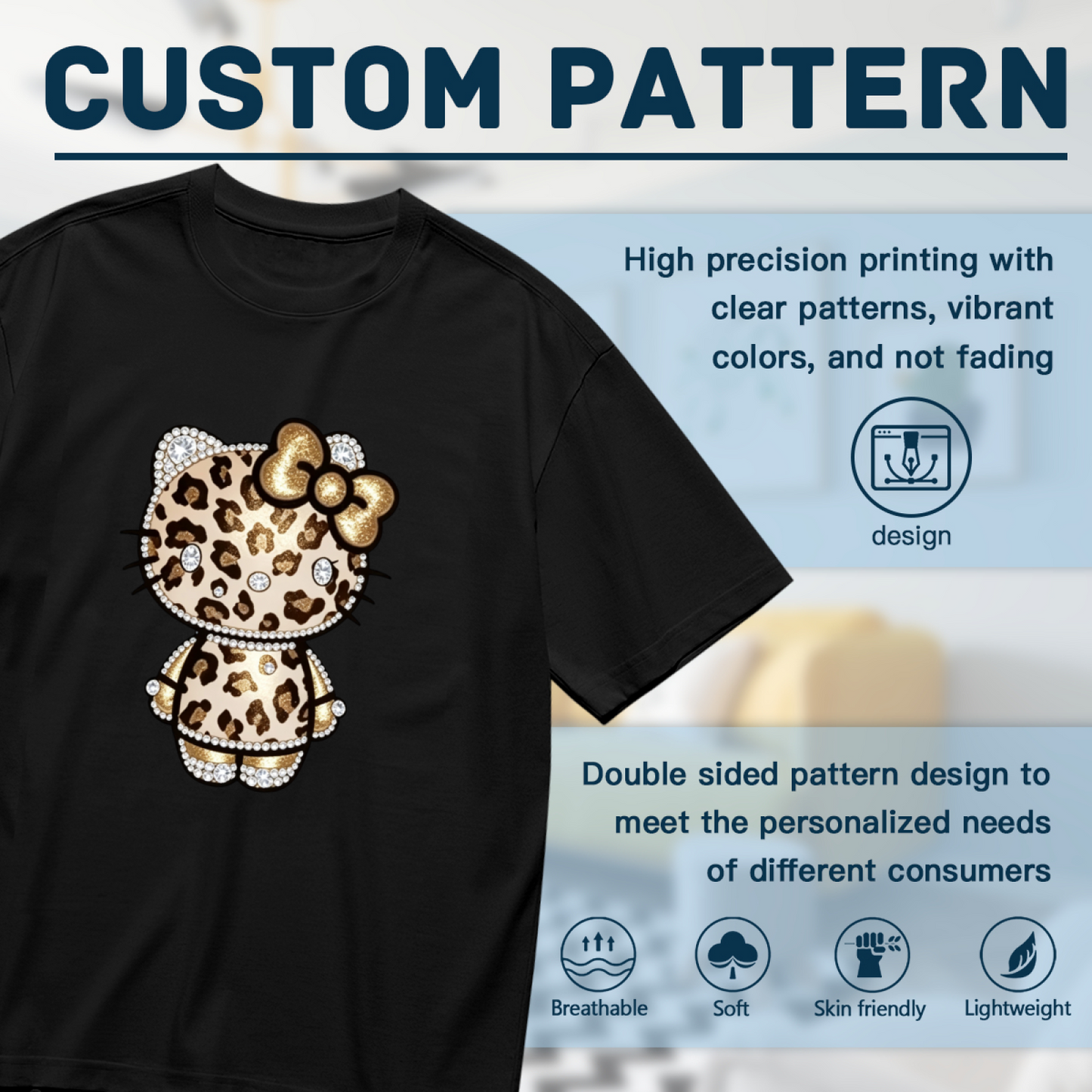 Bling Rhinestone?Effect Leopard Hello Kitty Plus?Size Black Tee