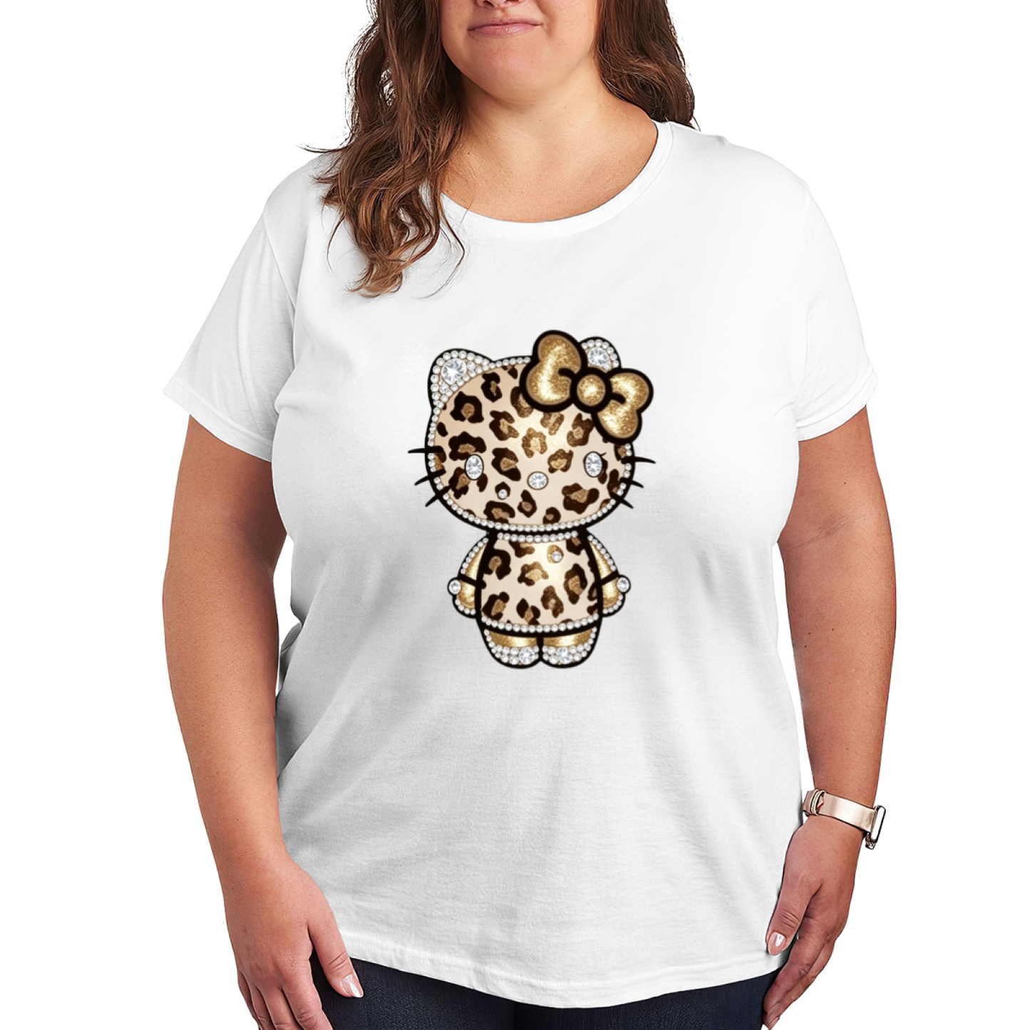 Bling Rhinestone?Effect Leopard Hello Kitty Plus?Size Black Tee