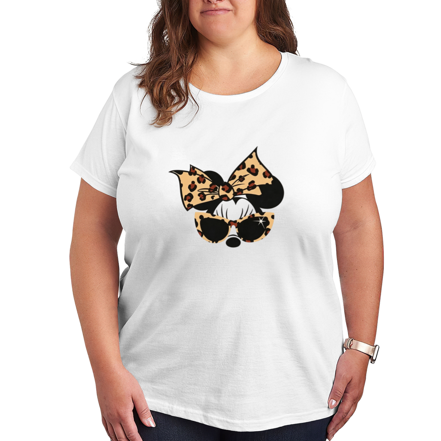 Leopard Print Bow Minnie Mouse Cool Sunglasses Plus?Size Women Tee