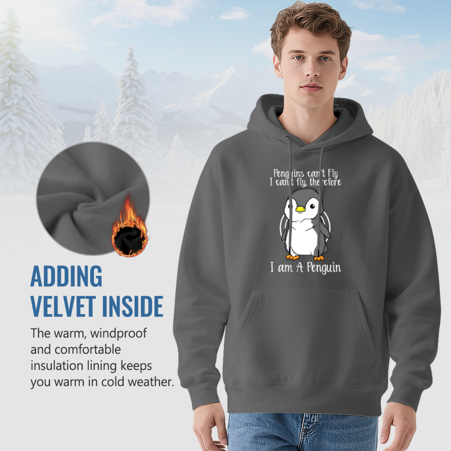 Cute Penguin Quote Gray Hoodie, Men Soft Warm Casual Pullover