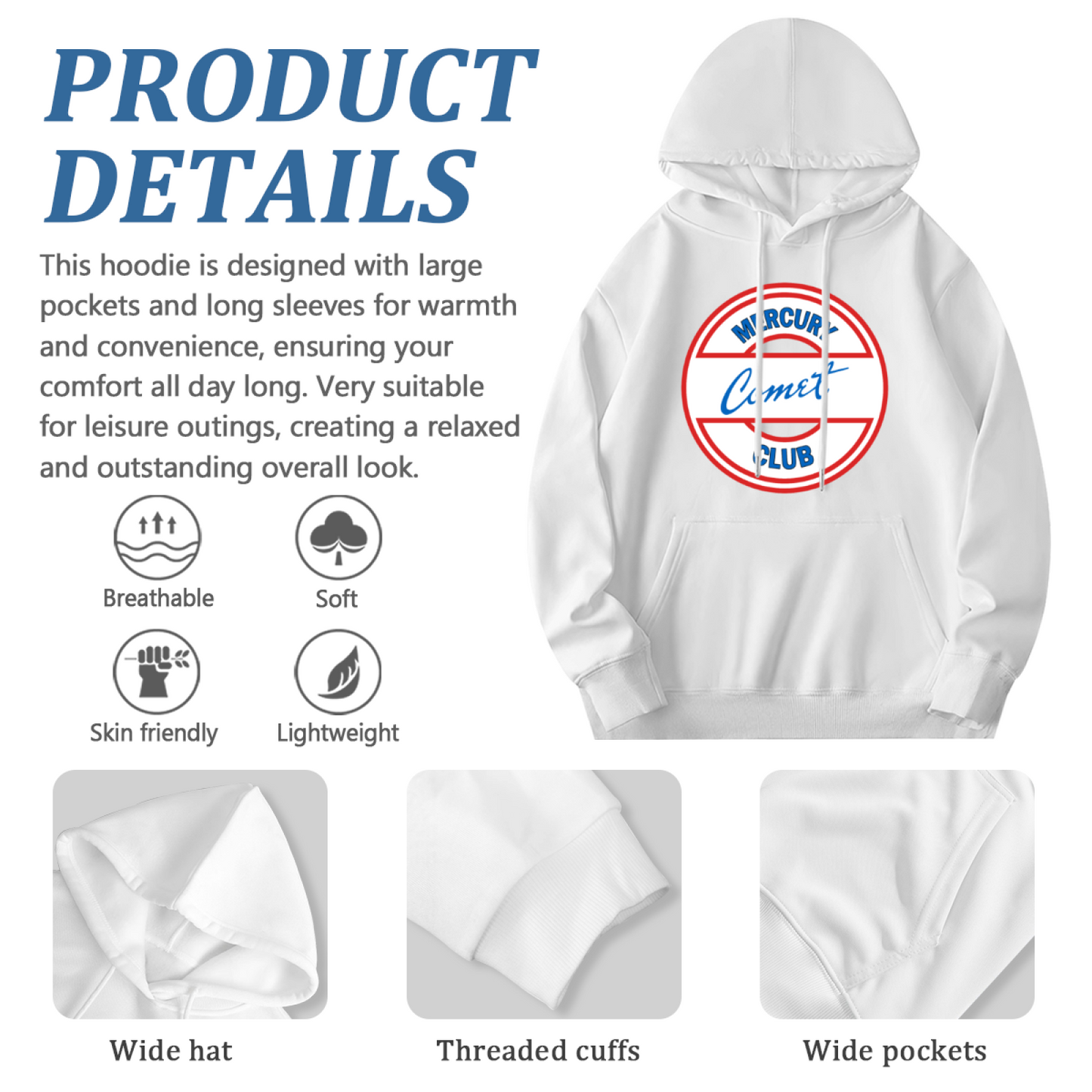Mercury Comet Club Vintage Circle Logo White Hoodie, Comfort Unisex Retro Top