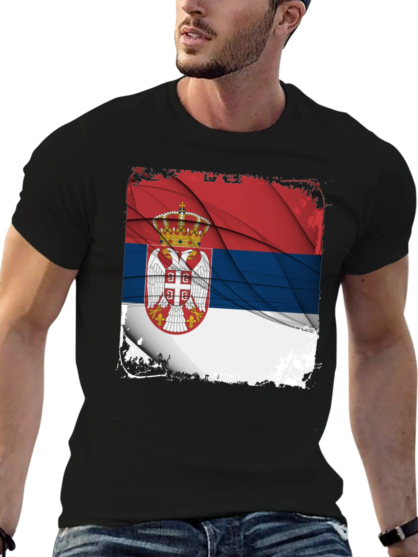 Serbia Flag Graphic Print Black T-Shirt