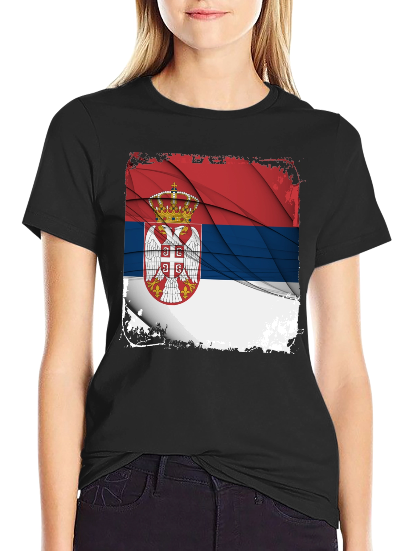 Serbia Flag Graphic Print Black T-Shirt