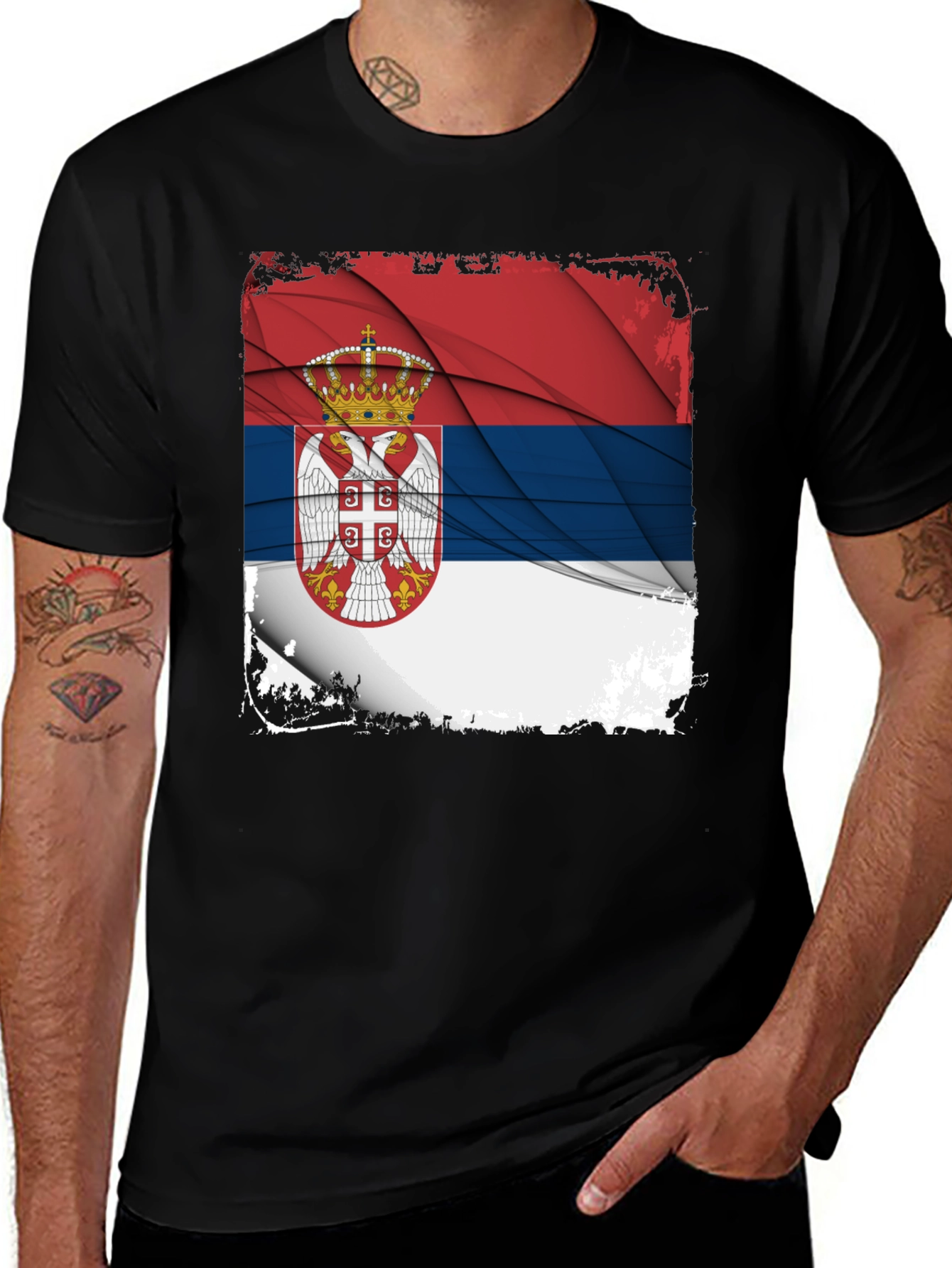 Serbia Flag Graphic Print Black T-Shirt