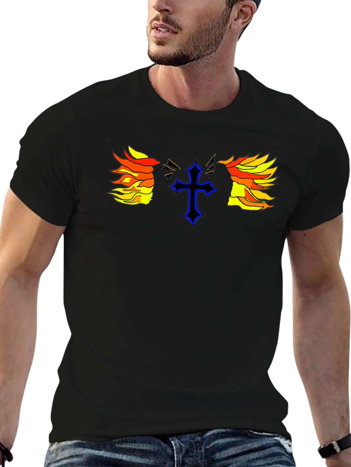 Fiery Cross Graphic Print Black T-Shirt