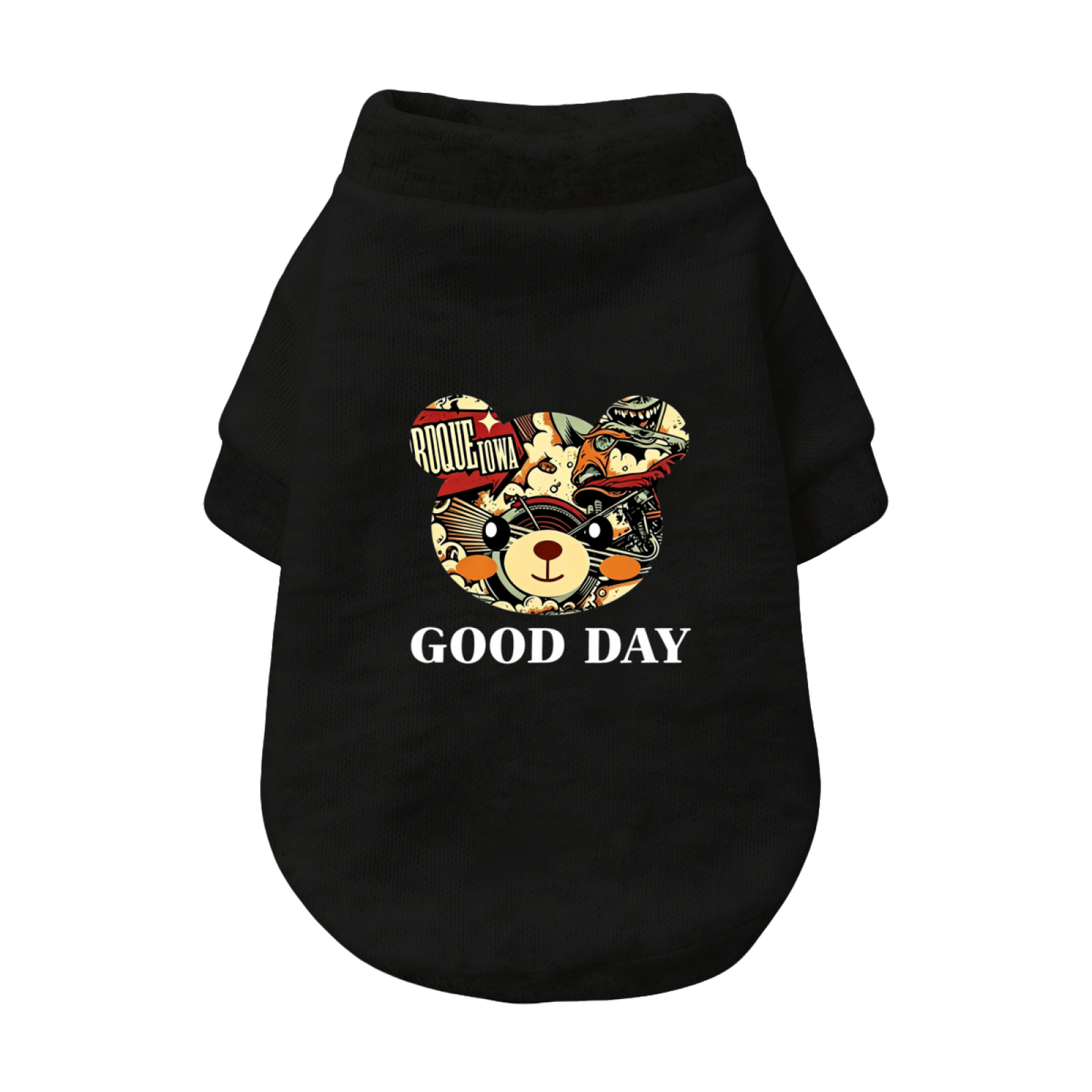Retro Comic Bear GOOD DAY Black Pet Pullover Sweater, Trendy Cool Dog Top