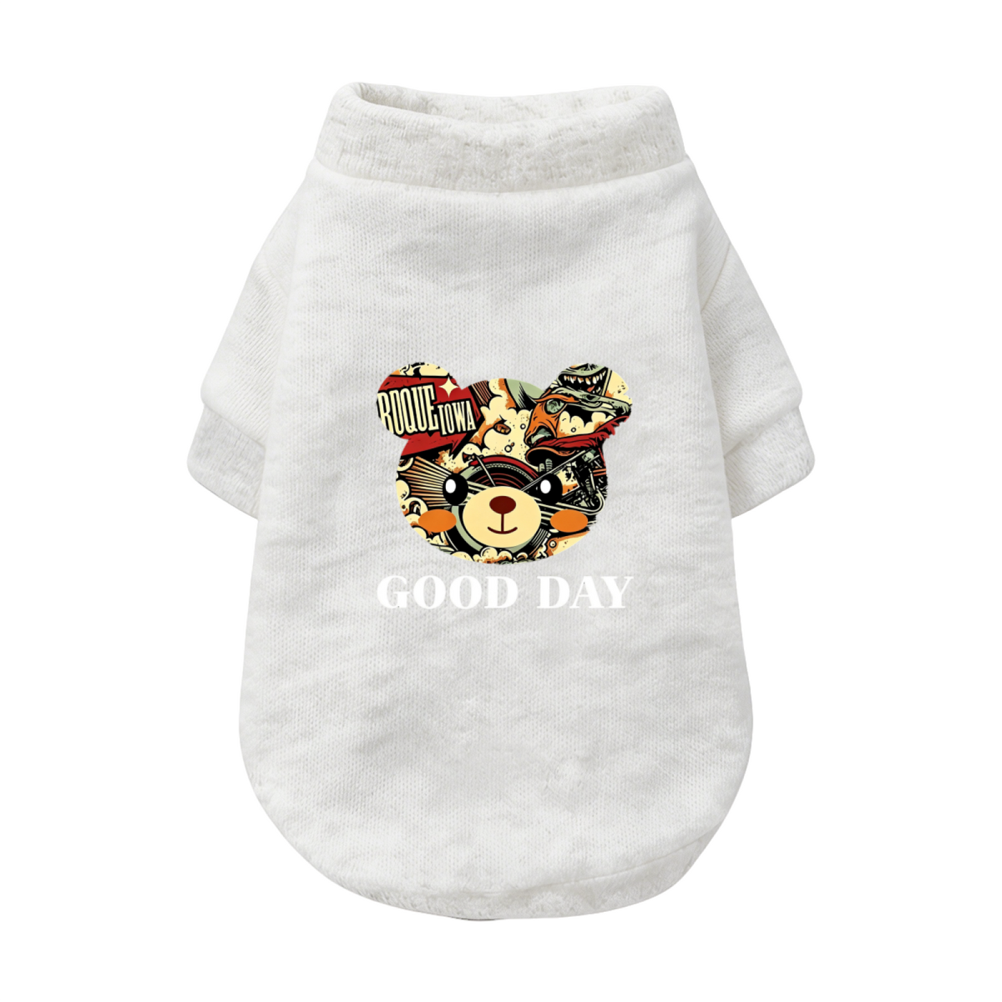 Retro Comic Bear GOOD DAY Black Pet Pullover Sweater, Trendy Cool Dog Top