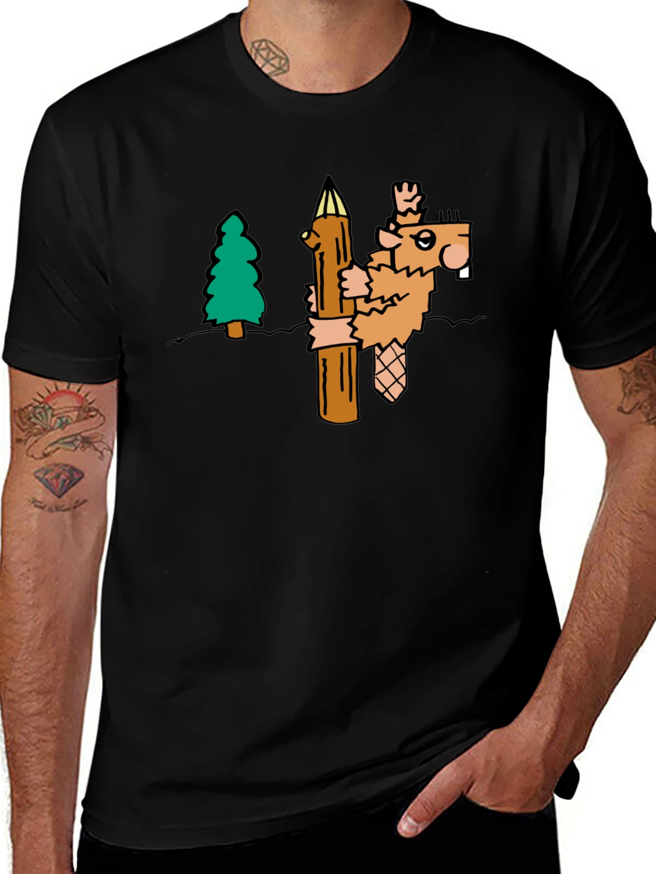 Funny Cartoon Beaver T-Shirt - Black