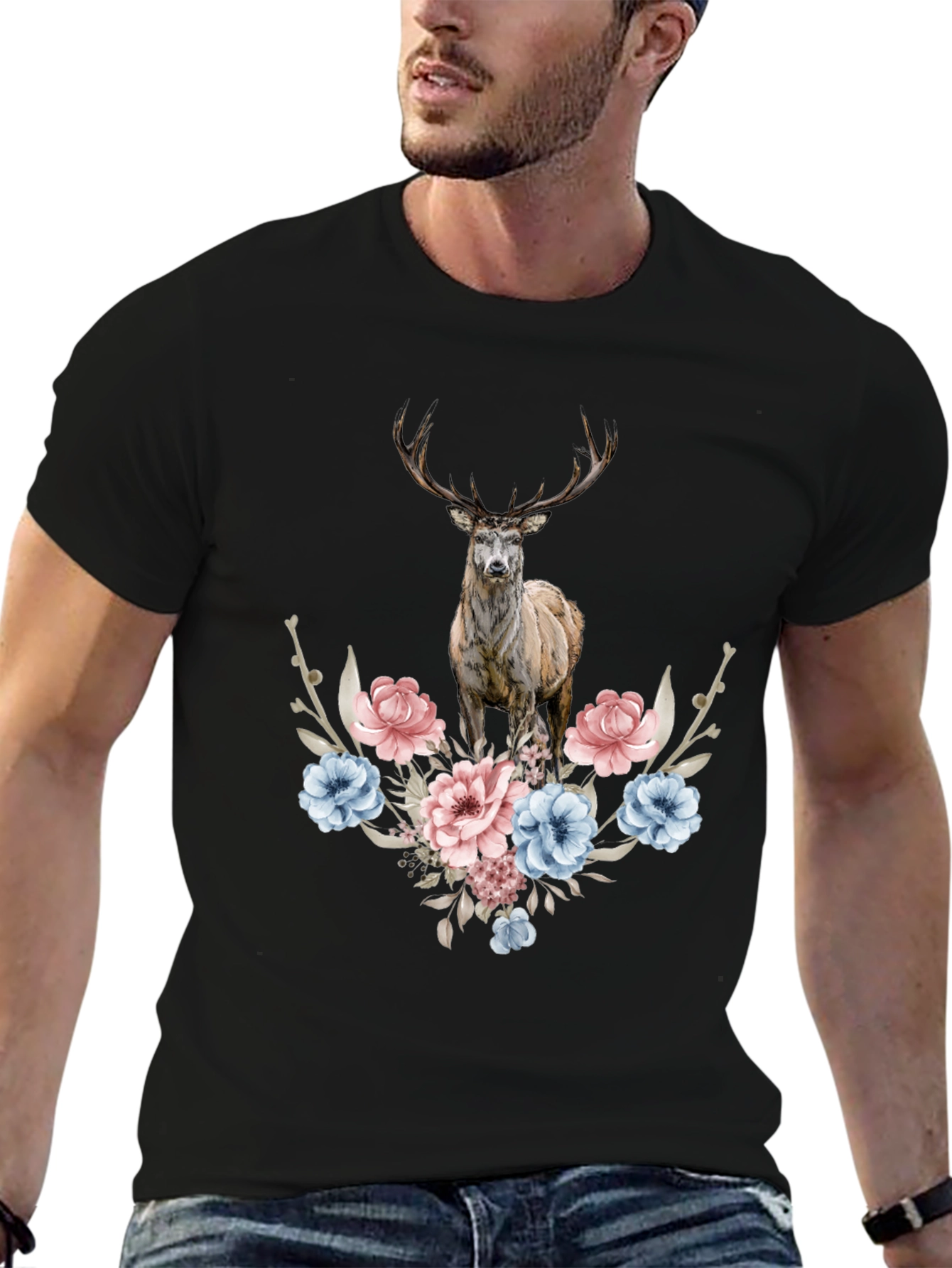Floral Deer Graphic Tee - Mens Black T-Shirt