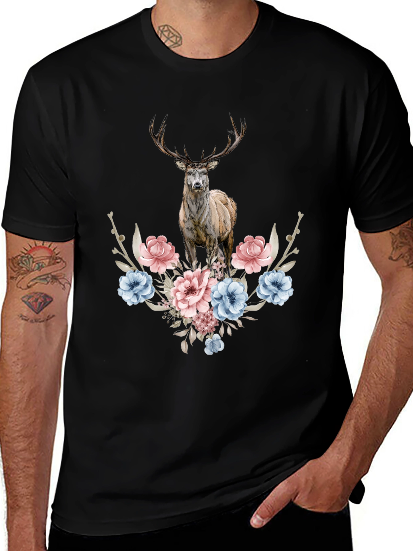 Floral Deer Graphic Tee - Mens Black T-Shirt