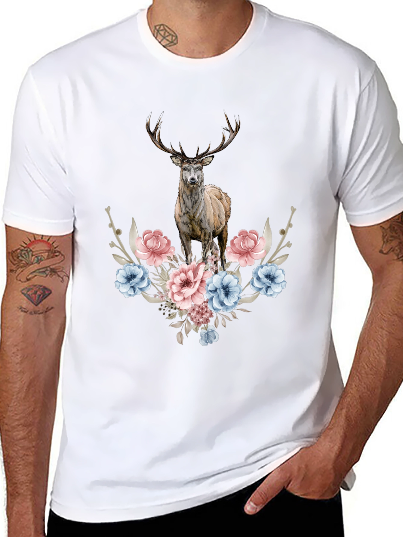 Floral Deer Graphic Tee - Mens Black T-Shirt