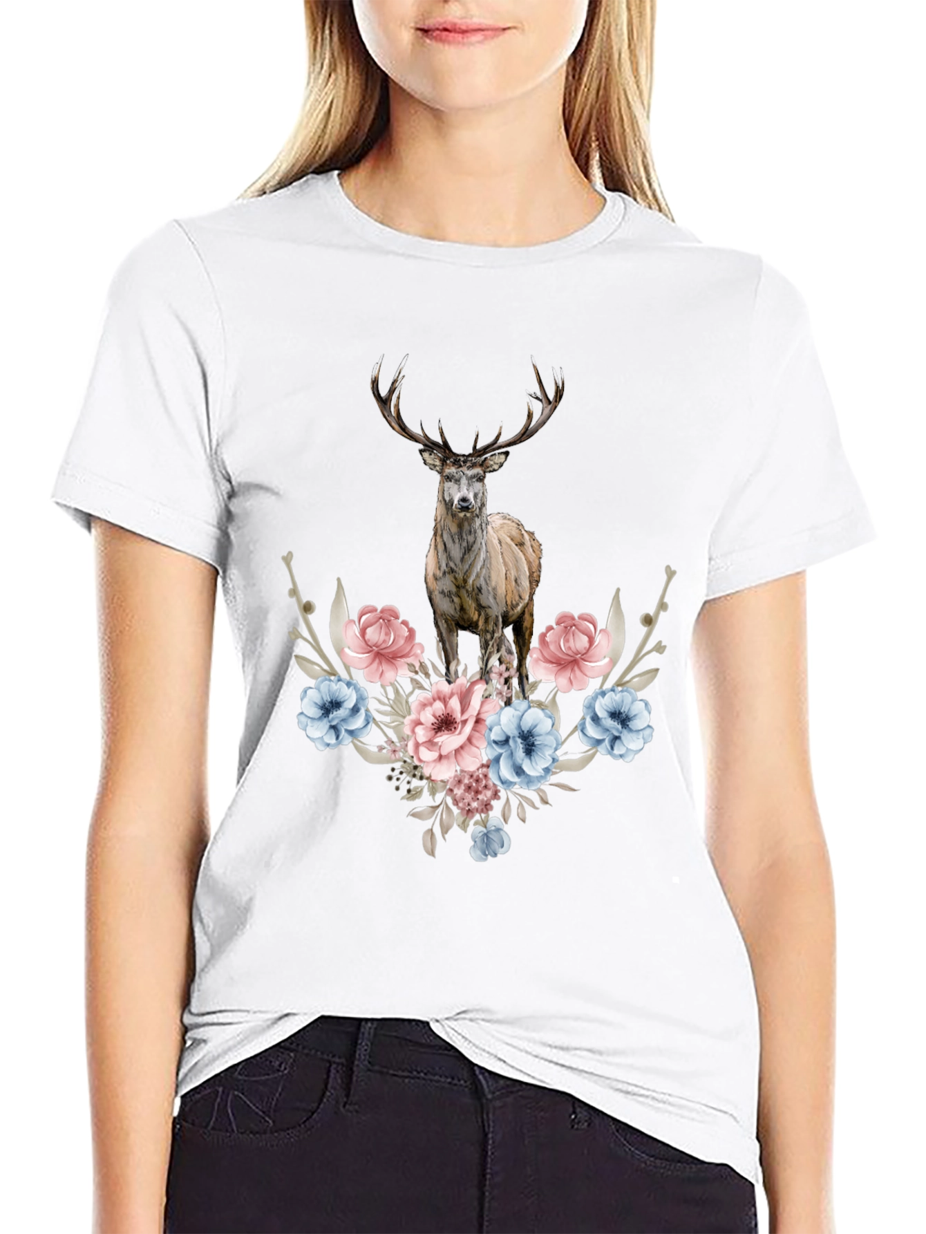 Floral Deer Graphic Tee - Mens Black T-Shirt
