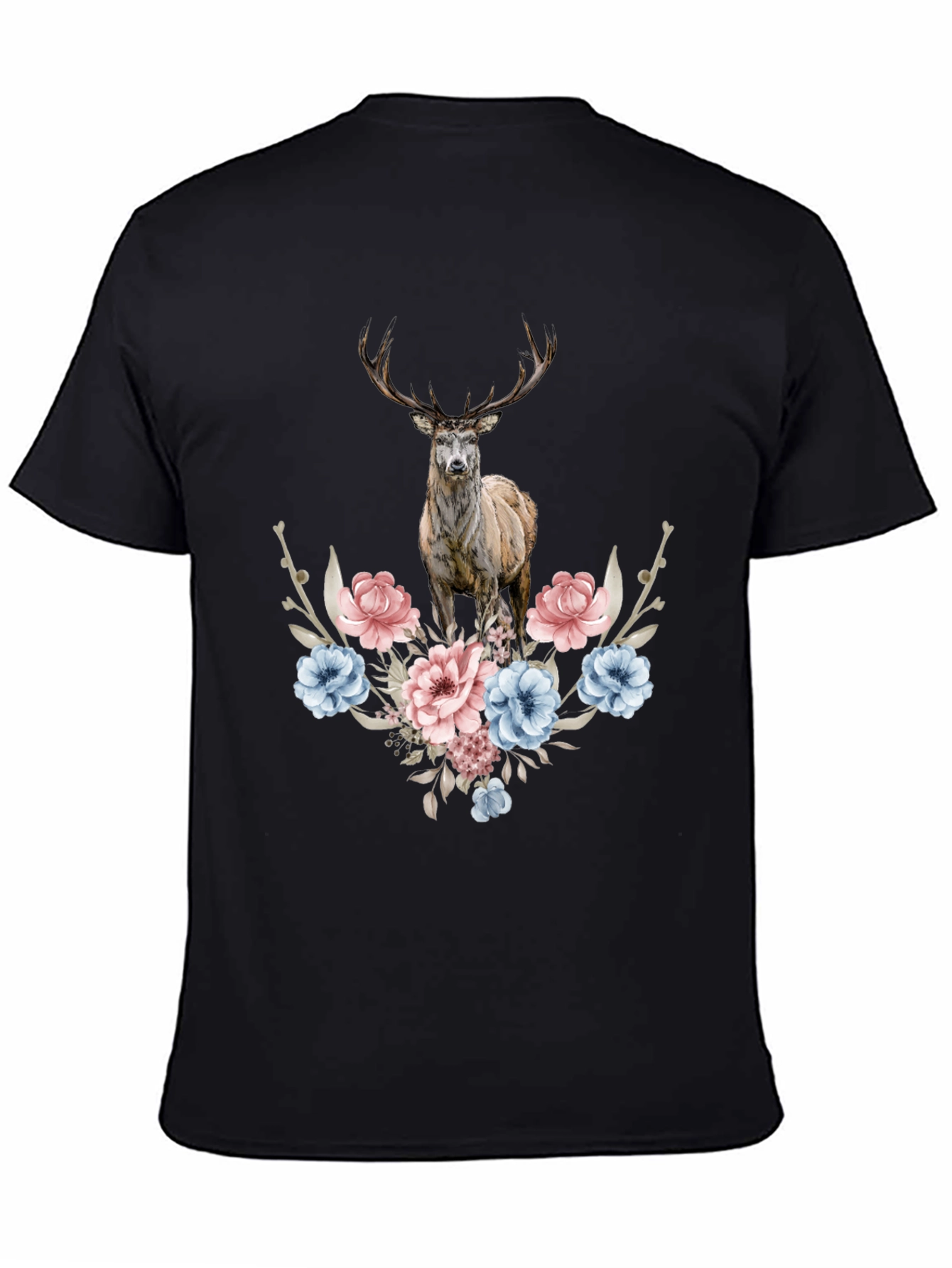 Floral Deer Graphic Tee - Mens Black T-Shirt