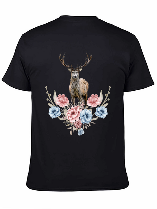 Floral Deer Graphic Tee - Mens Black T-Shirt