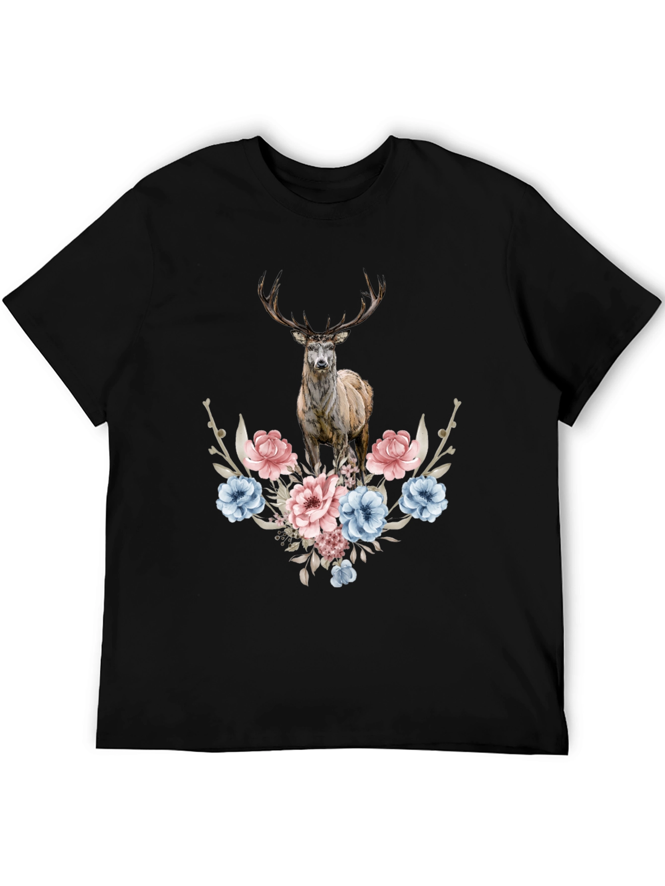 Floral Deer Graphic Tee - Mens Black T-Shirt