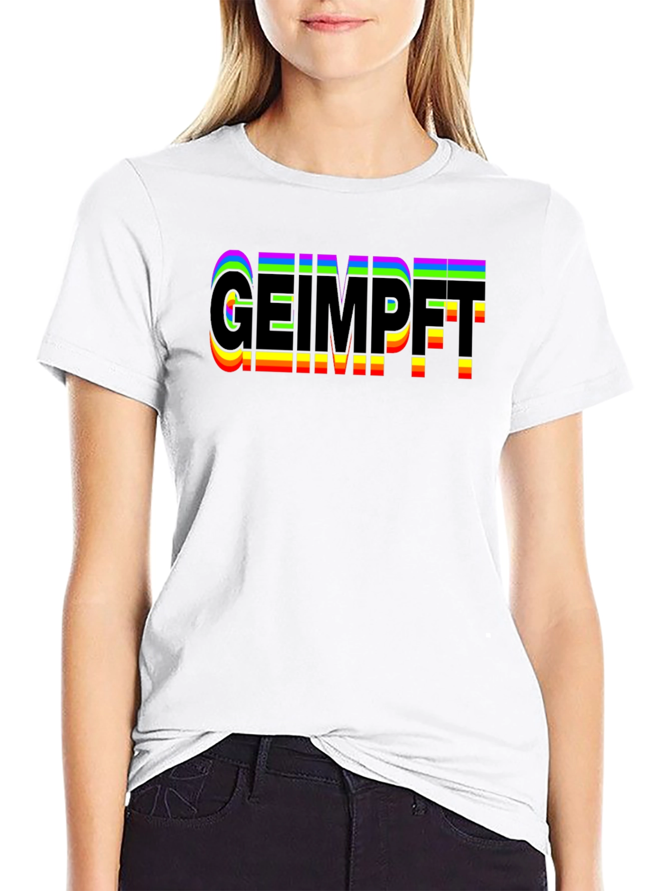 Geimpft Rainbow Text Black T-Shirt