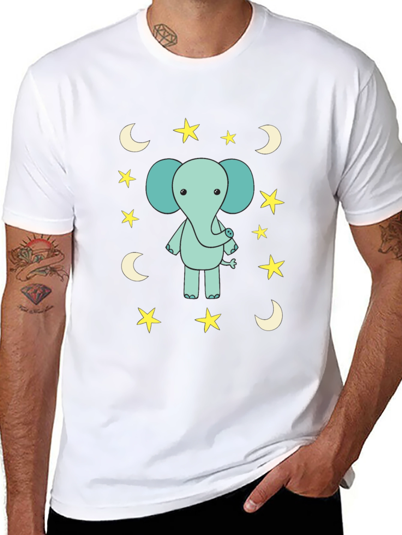 Cute Elephant Starry Night Black T-Shirt