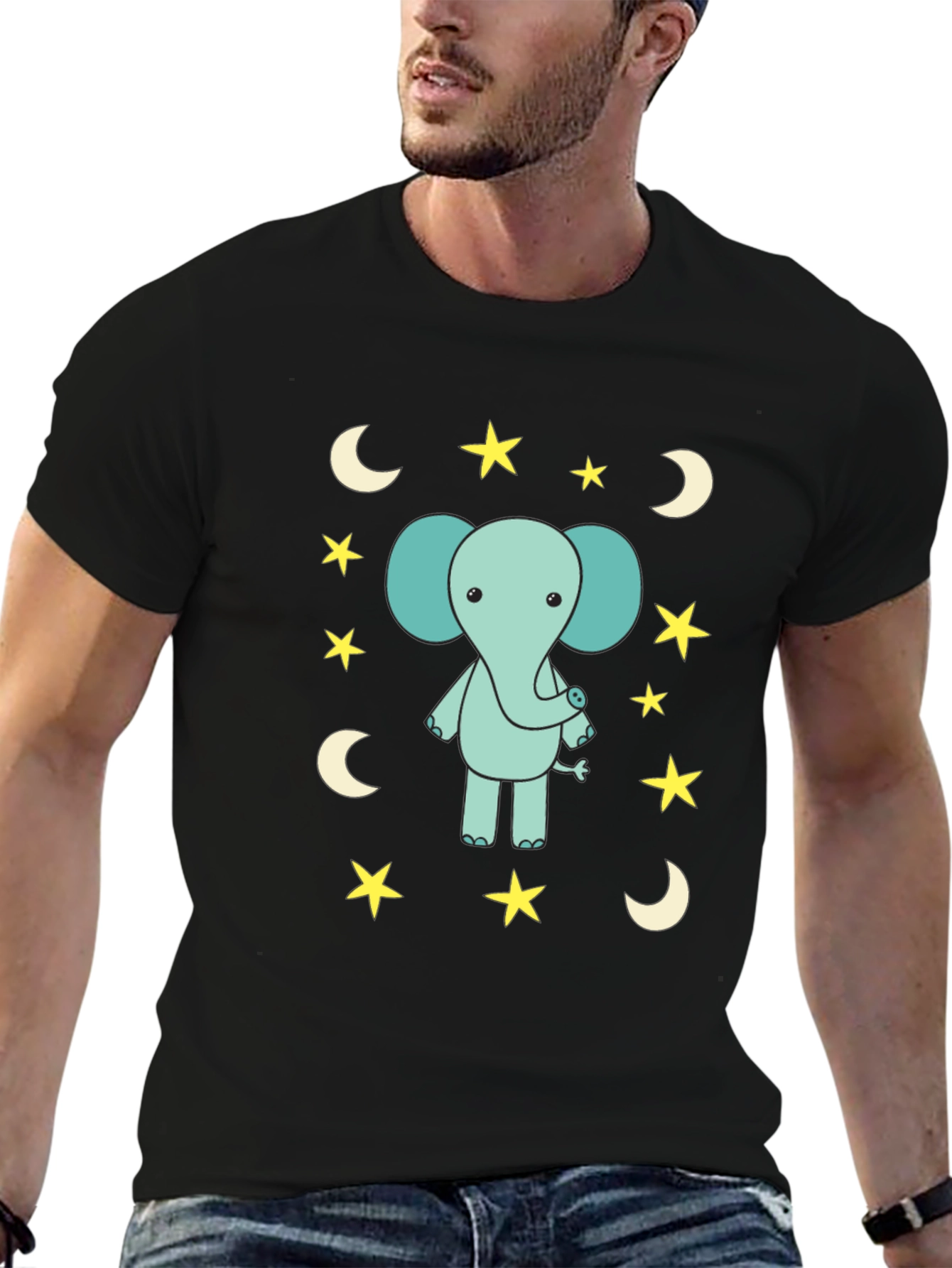 Cute Elephant Starry Night Black T-Shirt